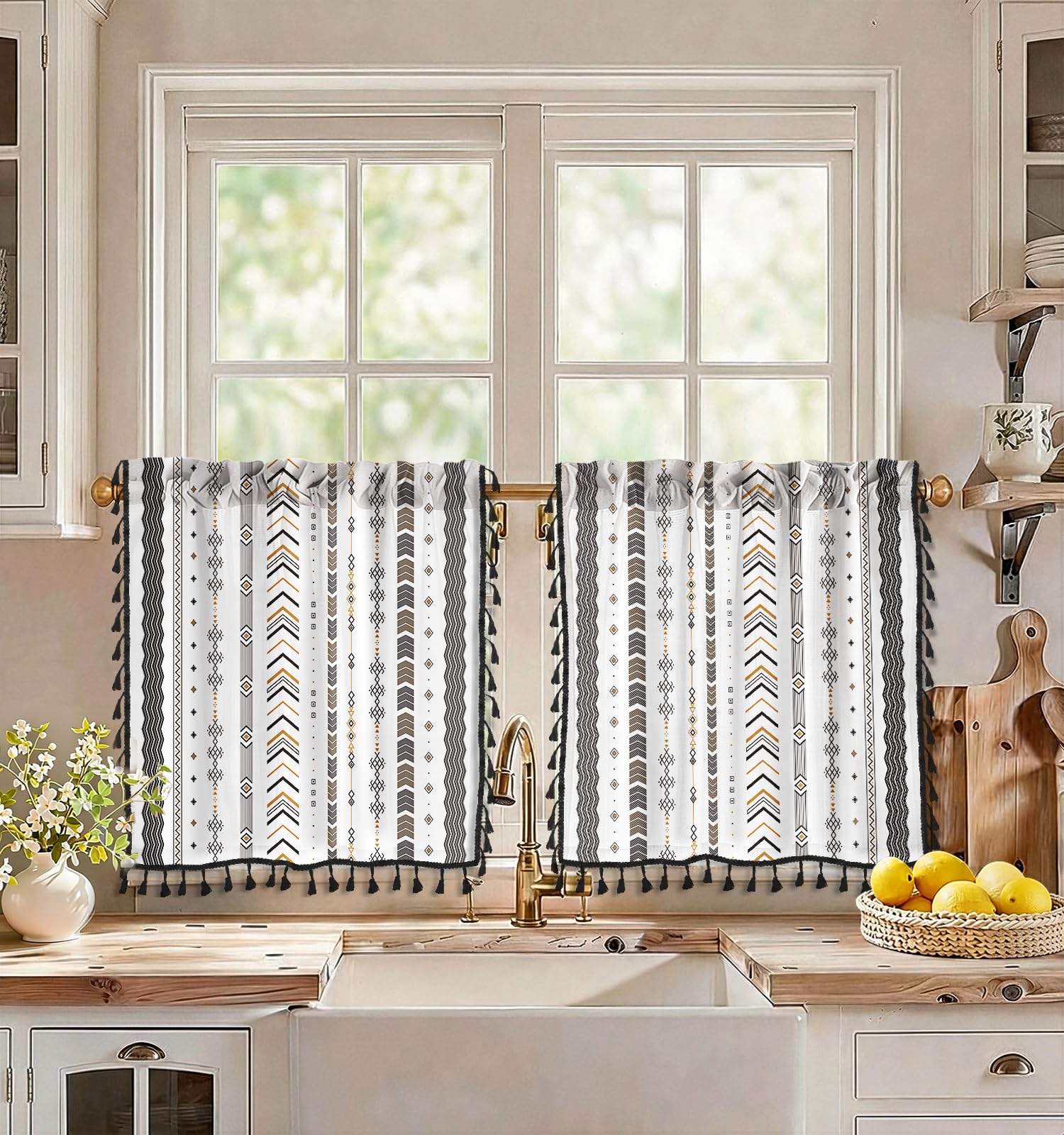 Miss Adola Boho Kitchen Tier Curtains, 24 Inch Length, Geometric Stripes