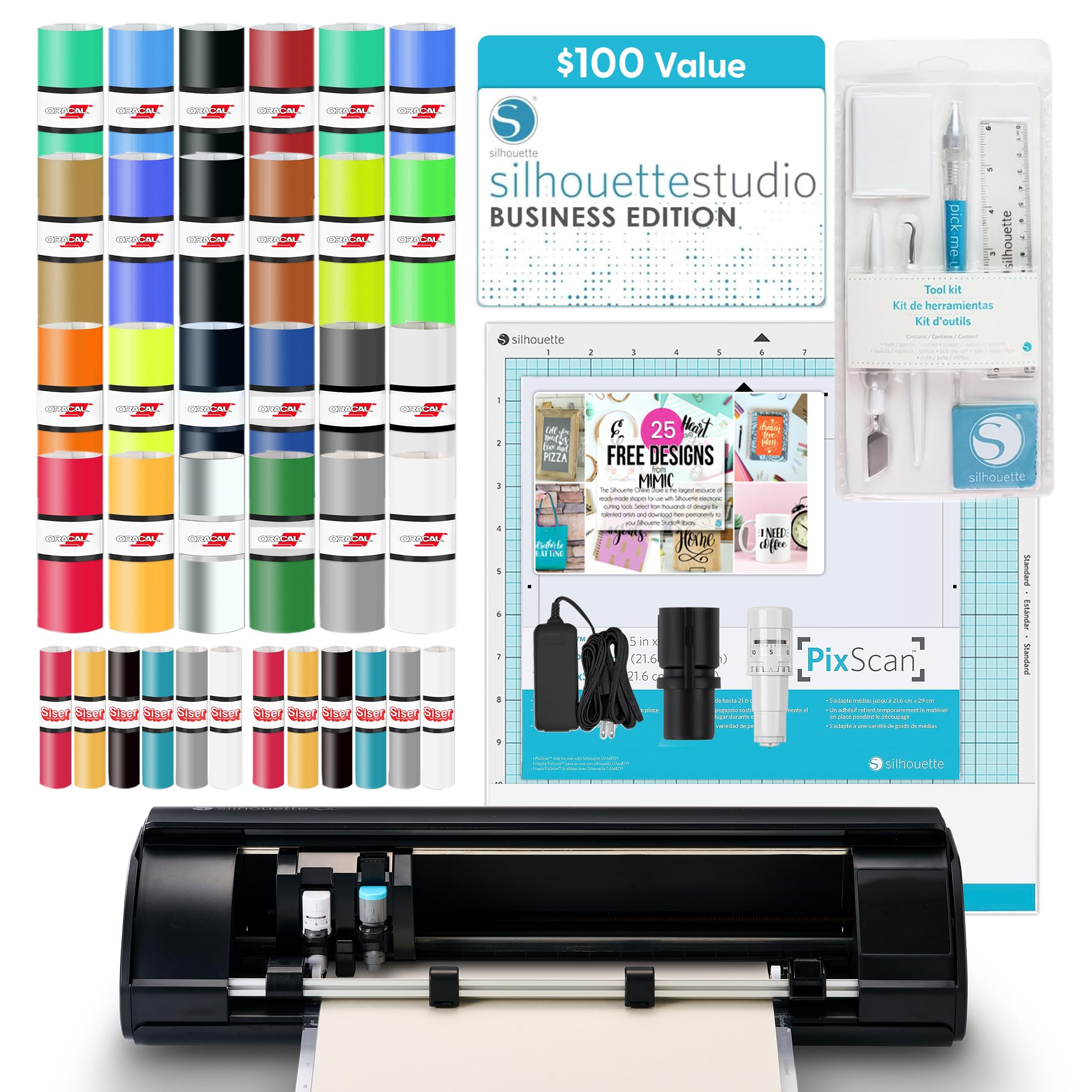 Silhouette America Cameo 5 Alpha (α) Smart Cutting Machine, Matte Black (Deluxe Bundle) - Includes Business Edition Software, 12 HTV, 24 Oracal Vinyl Sheets, PixScan Mat, Tool Kit & 25 Free Designs