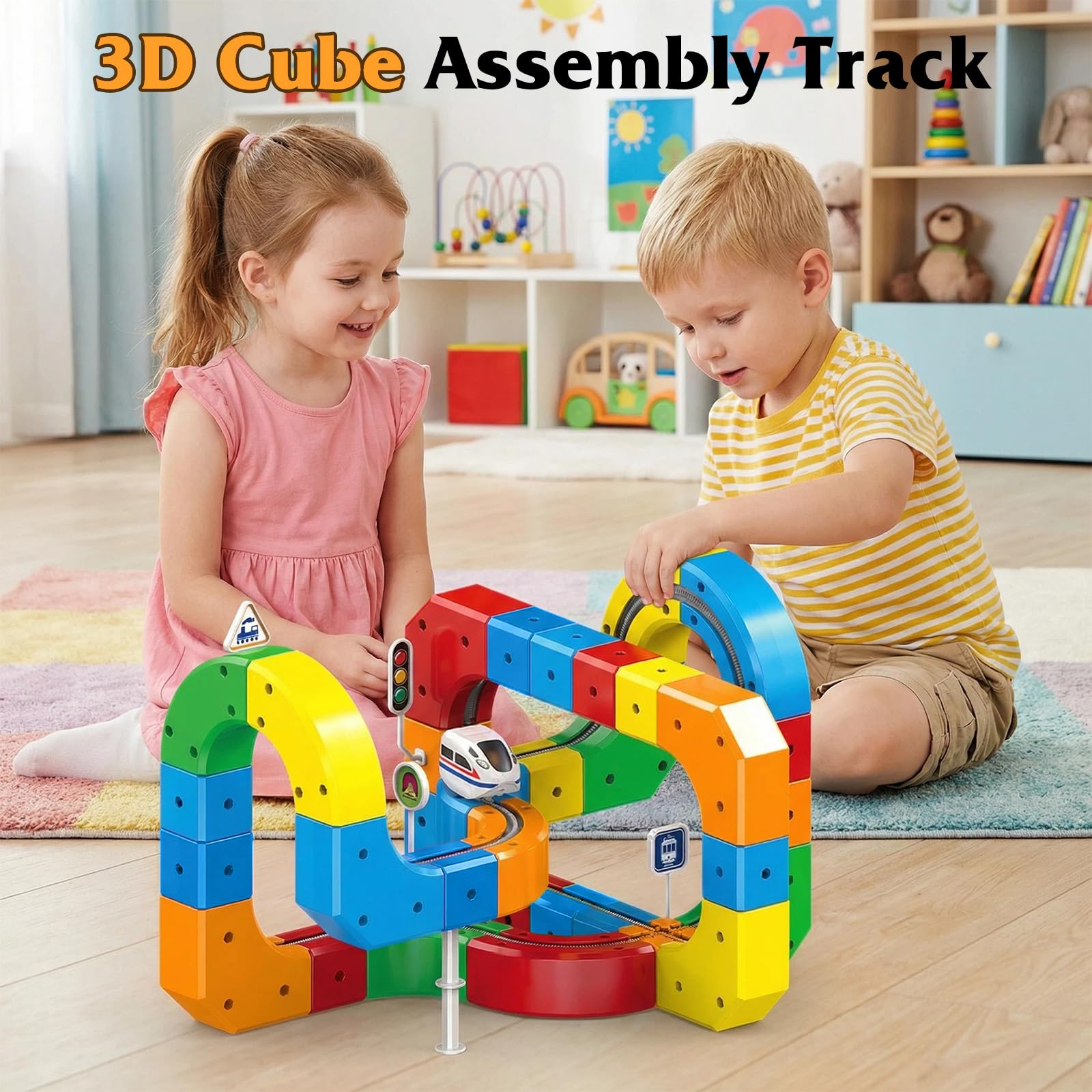 Set di treni elettrici 123PCS, Set di treni Magic Rail Cube, Blocchi Magnetici & Treno Motorizzato,3D Percorso Gravità,DIY Cube Track,Regalo di compleanno o di Pasqua per bambini e bambine krail