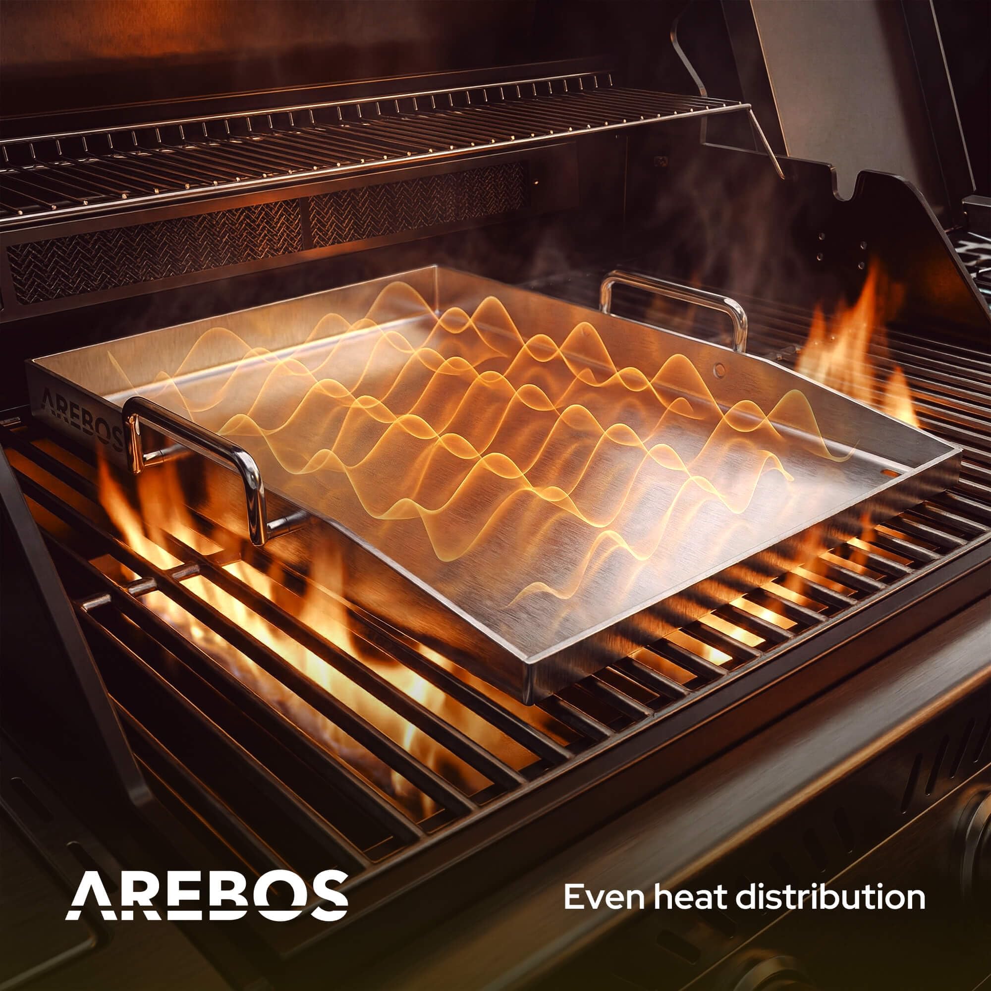 Arebos Płyta Grillowa ze Stali Nierdzewnej 40x30 cm | Plancha do Grilla Gazowego i BBQ | Grubość 4 mm | Odporna do 800°C | Odpływ Tłuszczu | 2 Szpatułki i 5 Szaszłyków w Zestawie