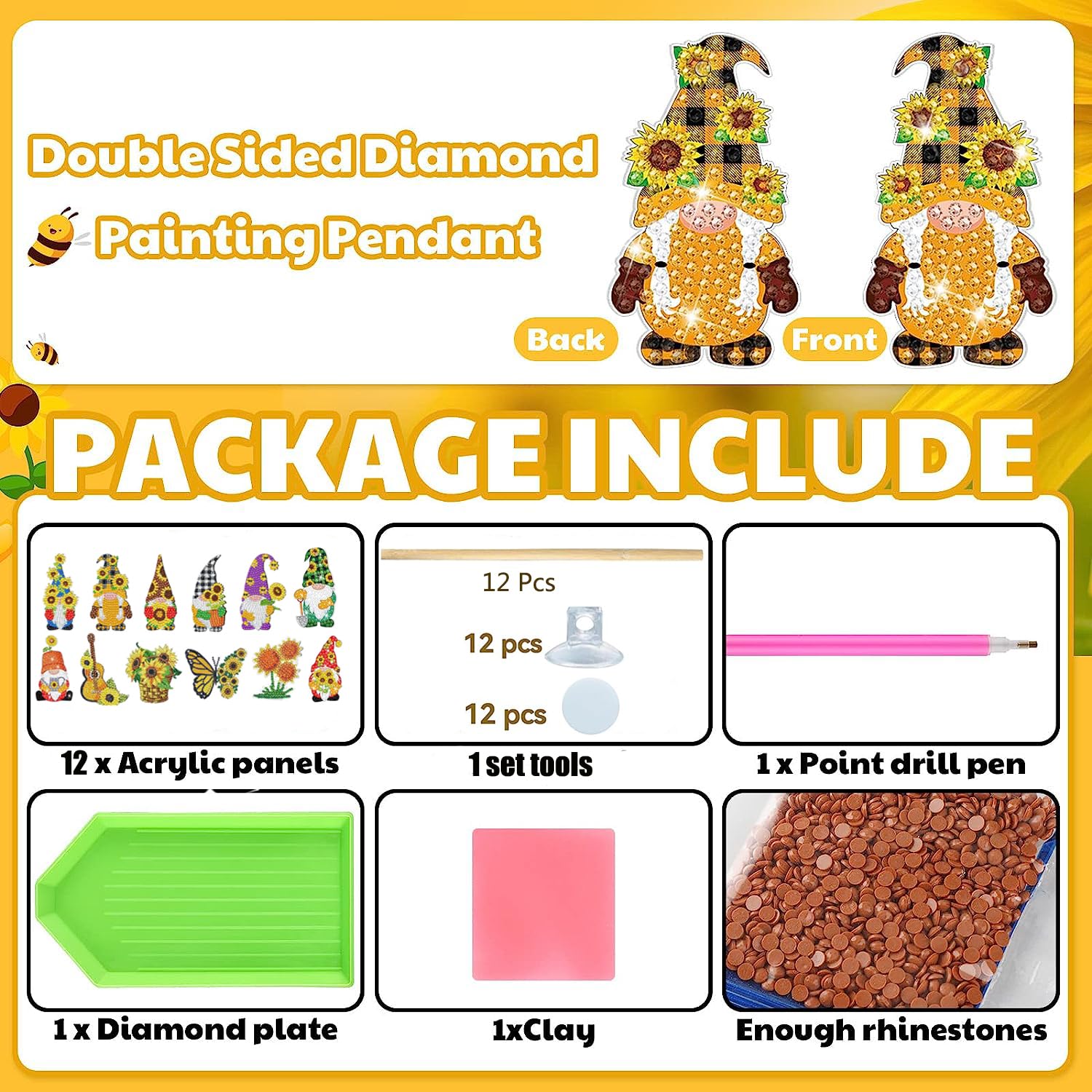 Anprola 12 kits de arte de pintura de diamantes 5D para decoración de jardín, estacas de gnomo de girasol, taladro de diamante, pintura por número, adorno artesanal para principiantes, niños y adultos