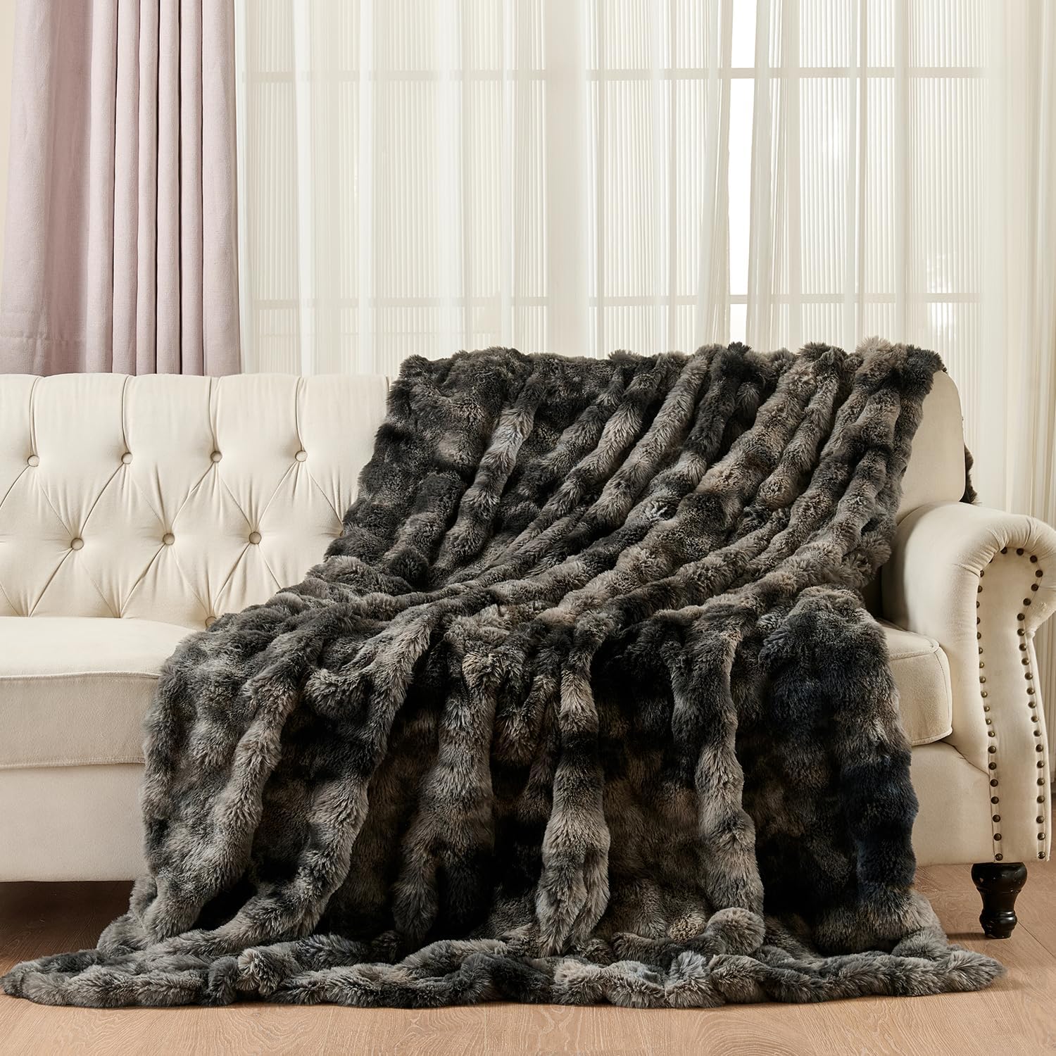 Wajade Fluffy Faux Fur Throw Blanket for Couch Bed 90x90, Luxury Soft Thick Fuzzy Plush Bubble Blanket, Warm Cozy Blanket for Sofa Chair, Tie-dye Dark Grey - Image 6