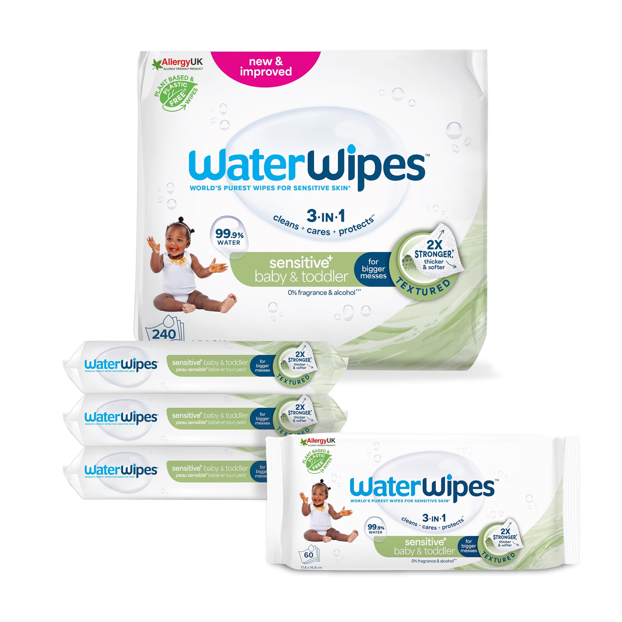 WaterWipes Sensitive+ Baby & Toddler Wipes, Salviettine per Neonati e Bambini Piccoli, 240 Pezzi (4 Confezioni), Deterge, Cura, Protegge, 99,9% Acqua, Texture Pulente, Senza Profumo