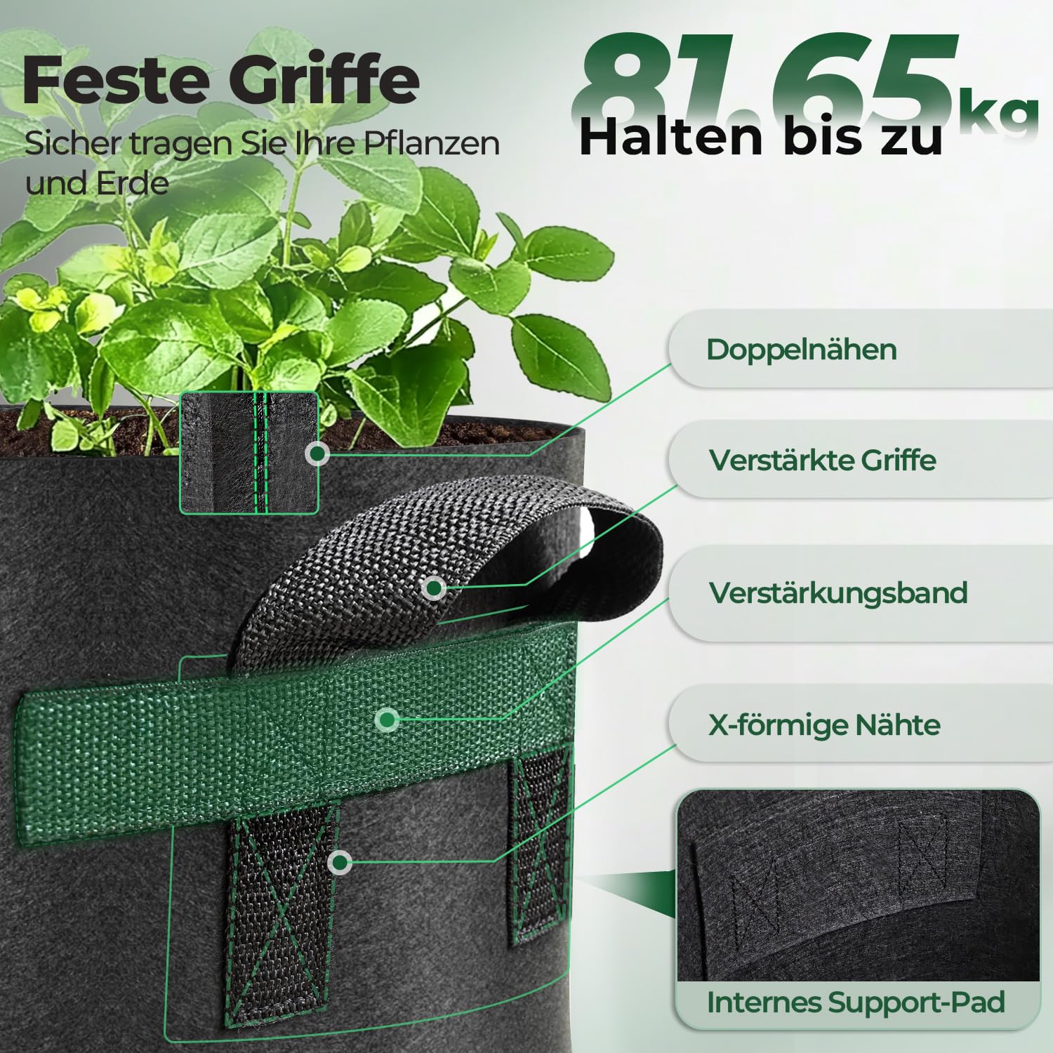T4U 5 Stück 57L Kartoffel Pflanzsack aus Vliesstoff, 15 Gallonen Ф50cm Pflanztopf Pflanzsäcke mit Tragegriffe, Wiederverwendbar Kartoffelsack Garten Pflanztasche für Kartoffeln Tomaten Blumen(Schwarz)