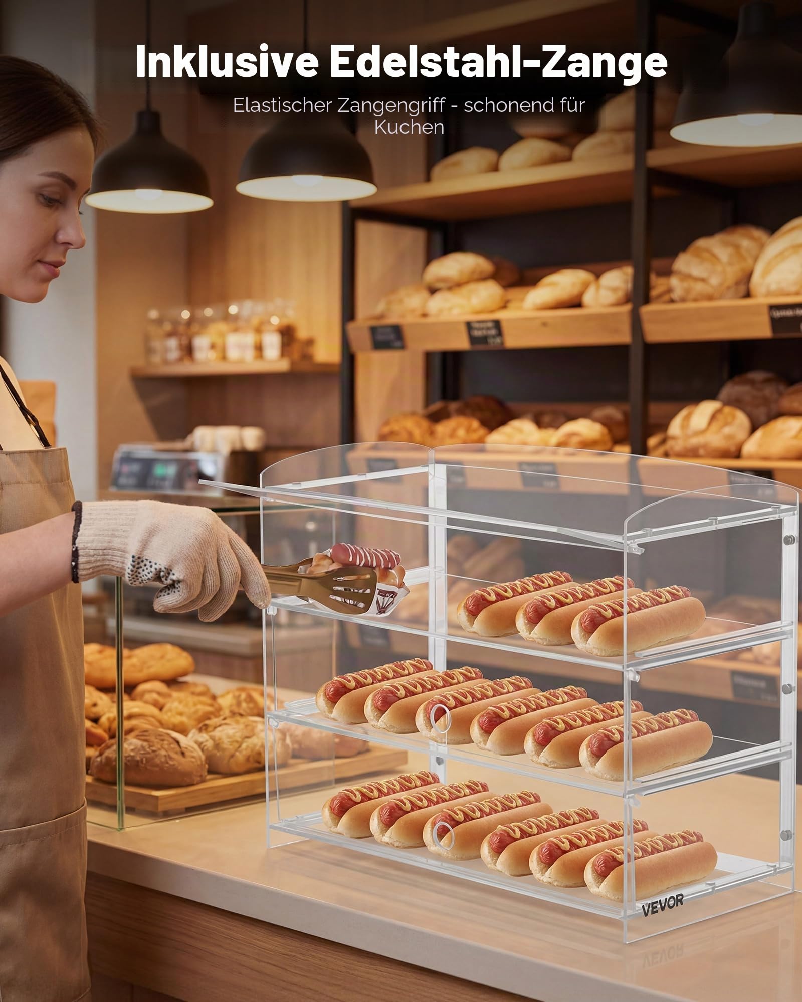 VEVOR Gebäckvitrine 3-stöckig, Gewerbliche Bäckereivitrine aus Transparentem Acryl, Thekenvitrine mit Klapptür & Abnehmbarer Trennwand für Kekse, Desserts und Donuts, 482 x 232 x 380 mm