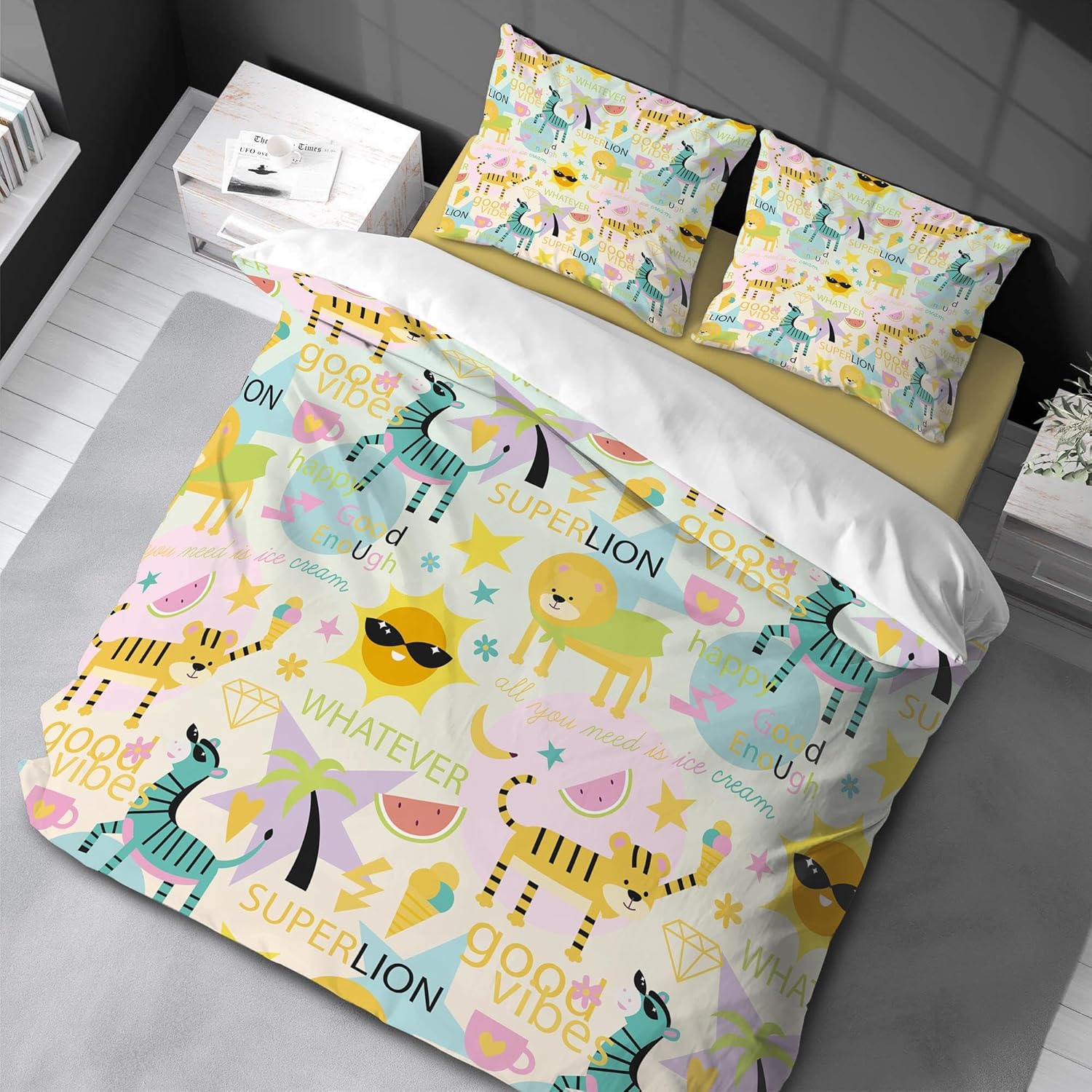 Cute Lion Tiger Comforter Quilt Cover Set King Size Cartoon Animal Colorful Full Size Three Piece Set Bedding Child 135x200cm -80x80cm*2
