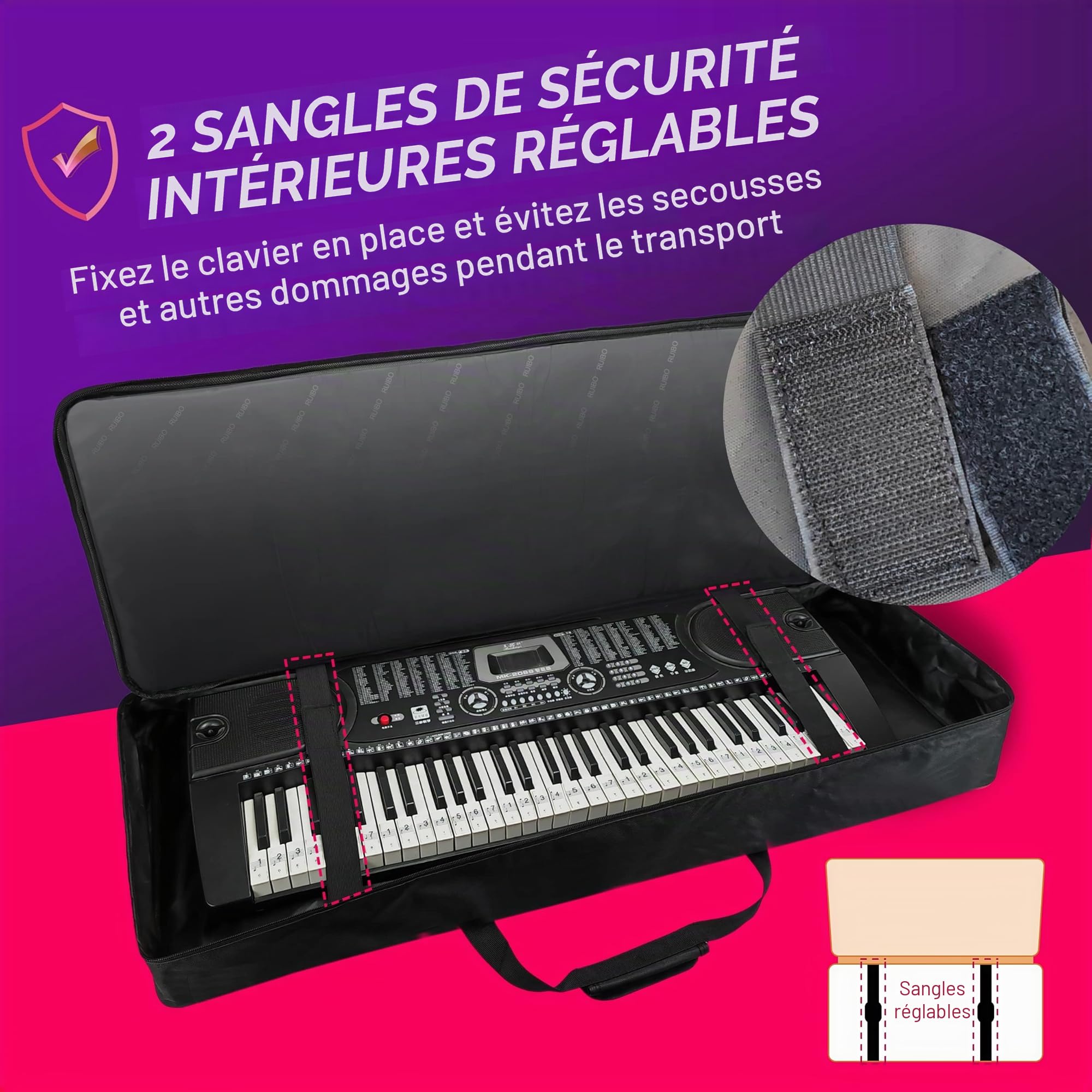 Ruibo Housse de Transport pour Clavier 61 Touches - Portable et Durable - Tissu Oxford 600D imperméable - avec Housse rembourrée en Coton de 10 mm - 101,6 x 40,6 x 15,2 cm - Noir + Rouge