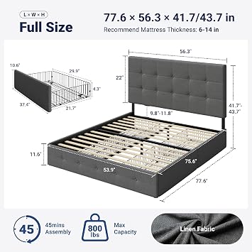 Allewie Upholstered Full Size Platform Bed Frame with 4 Storage Drawers and Headboard, Square Stitched Button Tufted, Mattress Foundation with Wooden Slats Support, No Box Spring Needed, Light Grey