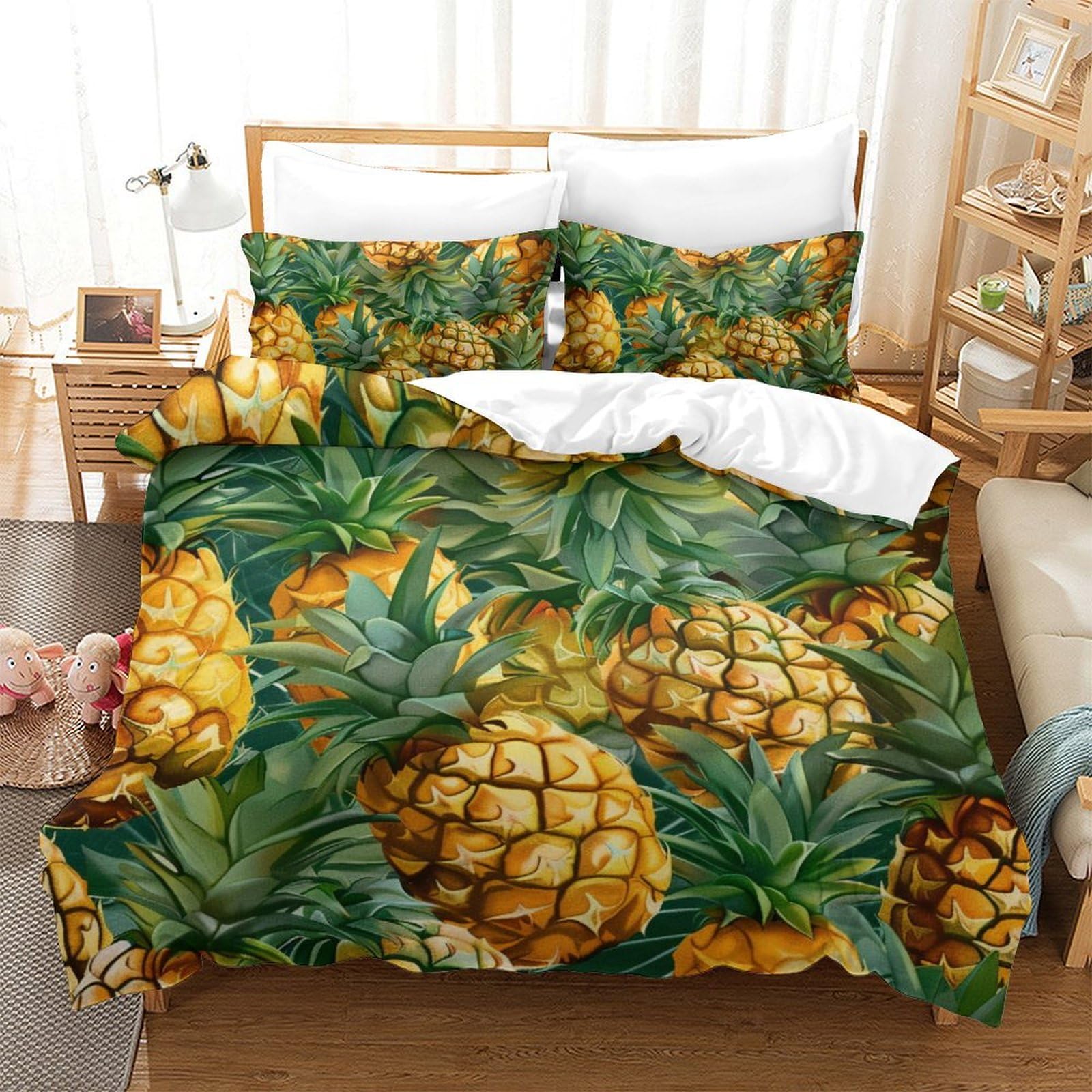 Housse de couette ananas 220x240 motif 3D microprime parure de lit 3 pièces