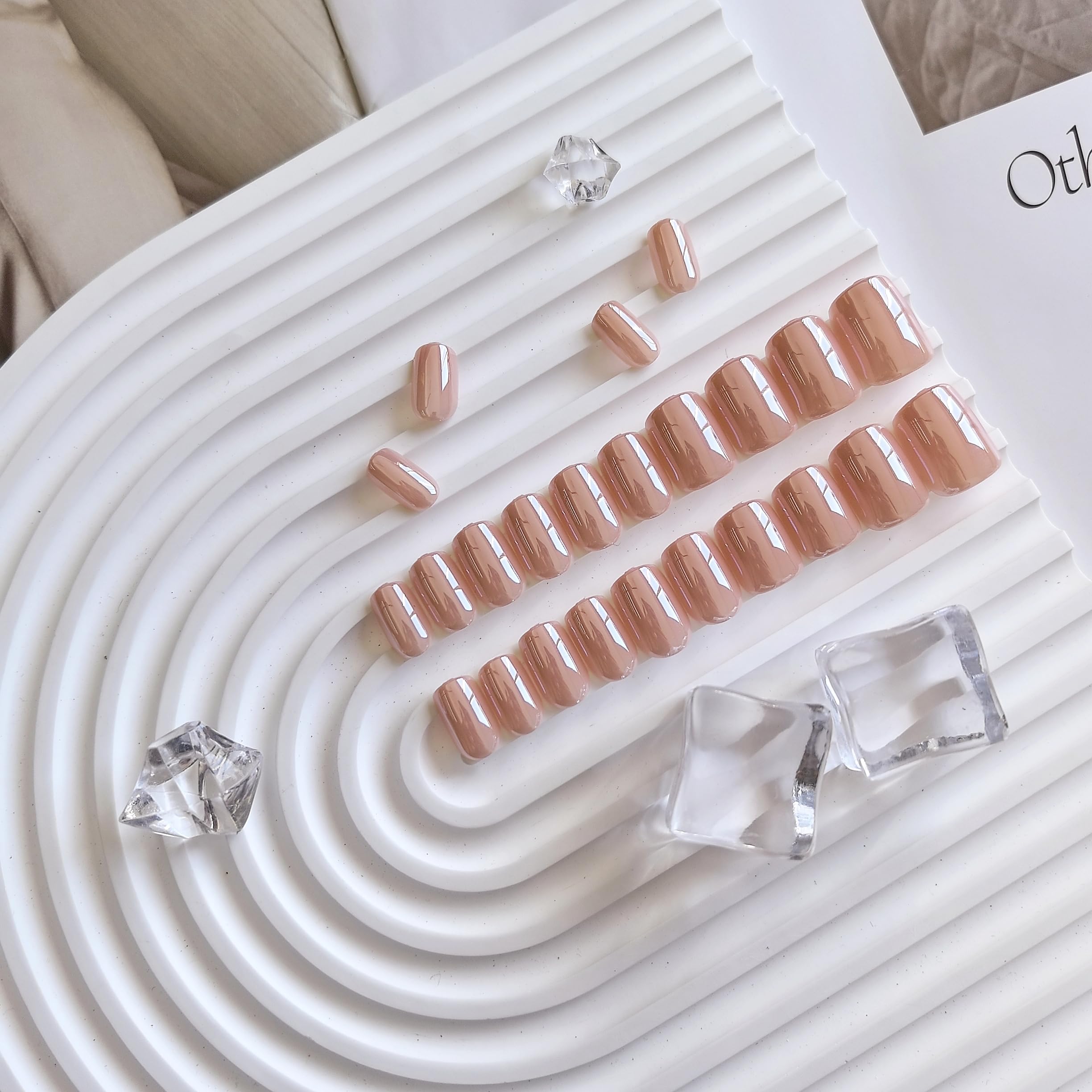 SXVME Chrome Press On Nails Short Square, Nude Pink False Nails Short Coffin with Glazed Finish - Image 4