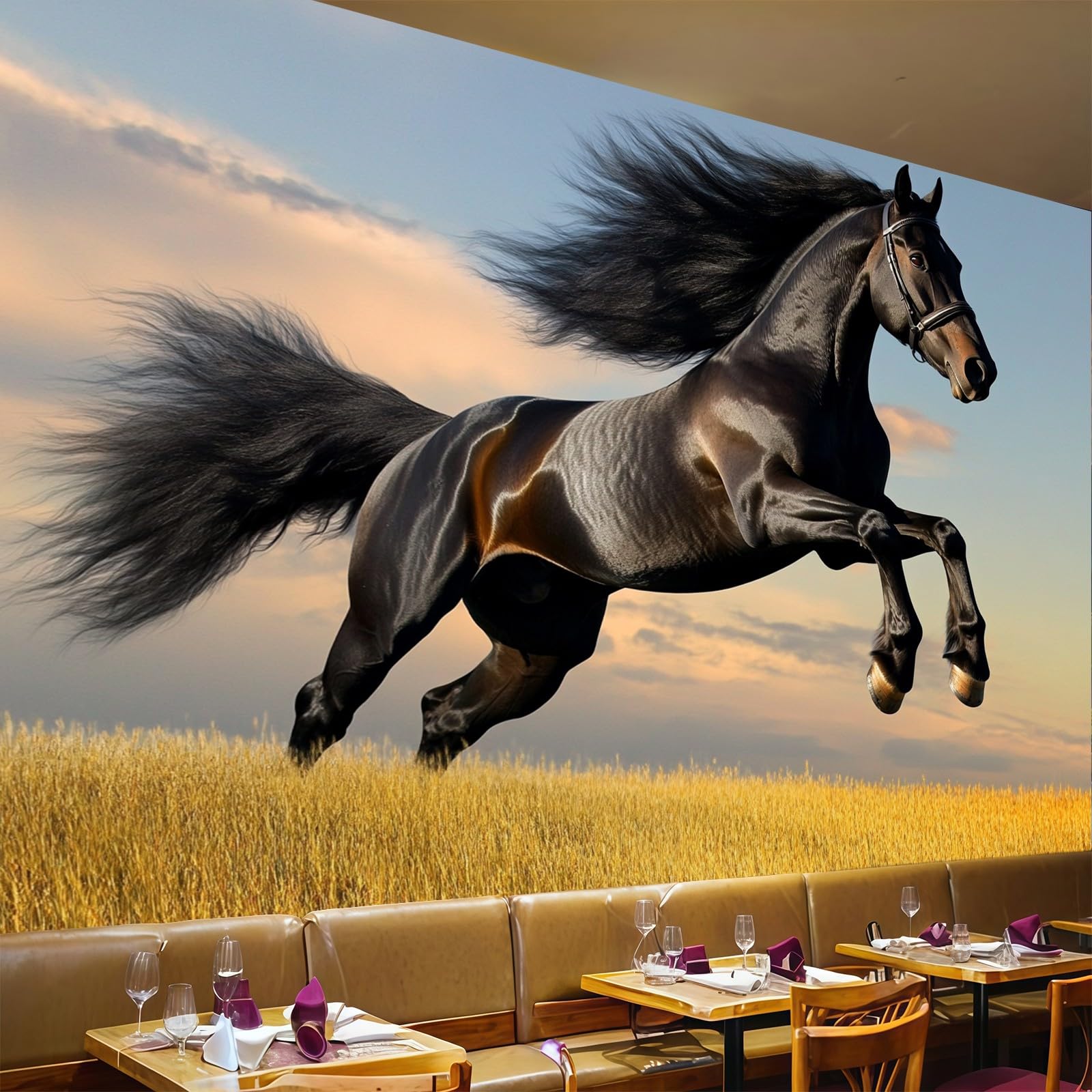 Papier peint panoramique cheval de steppe grand format noir 250x175
