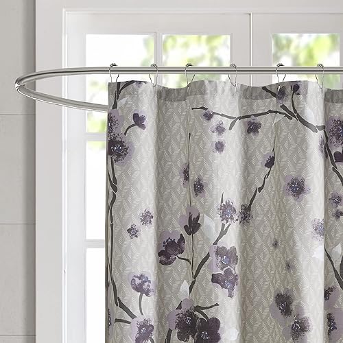 Miniatura 3 de Madison Park Holly Modern - Cortina de ducha larga de tela de algodón, cortinas de ducha florales para baño, 72 x 72 pulgadas, grismorado topo