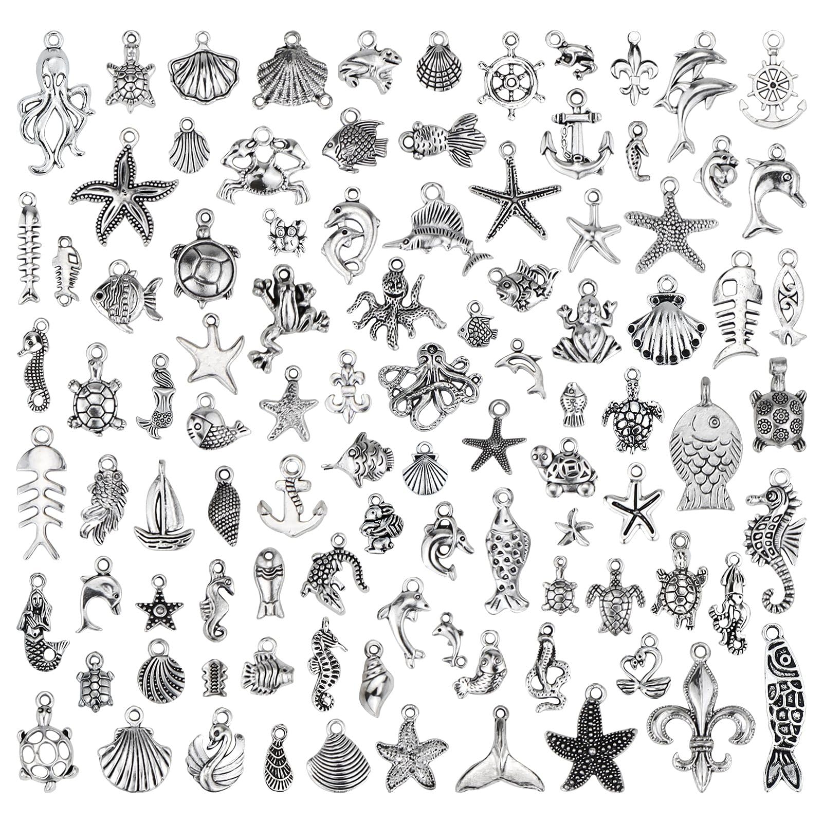 Wholesale 100 Pieces Mix Antique Silver Charm Pendant Collection DIY Jewelry Supply for Necklace Bracelet Dangle Jewelry Making and Crafting, Sea Animals Styles