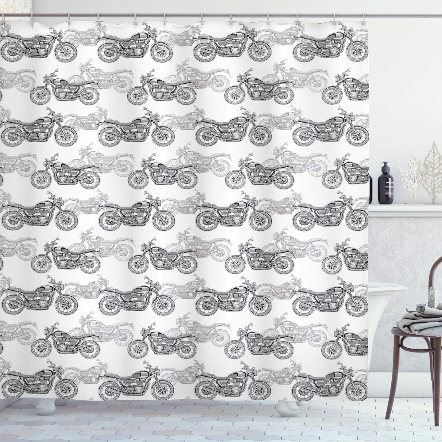 Ambesonne Motorcycle Shower Curtain, Realistic Grayscale Illustration of Classic Motorcycles Many Details, Cloth Fabric Bathroom Decor Set with Hooks, 69" W x 84" L, Grey White Black