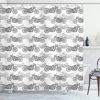Motorcycle Shower Curtain, Realistic Grayscale Illustration of Classic Motorcycles Many Details, Cloth Fabric Bathroom Decor Set with Hooks, 69" W x 70" L, Grey White Black