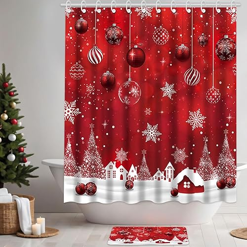 Miniatura 4 de Capoda Juego de 4 cortinas de ducha de baño, cortina de baño de Navidad con 12 ganchos, alfombras de baño antideslizantes, cubierta de tapa de