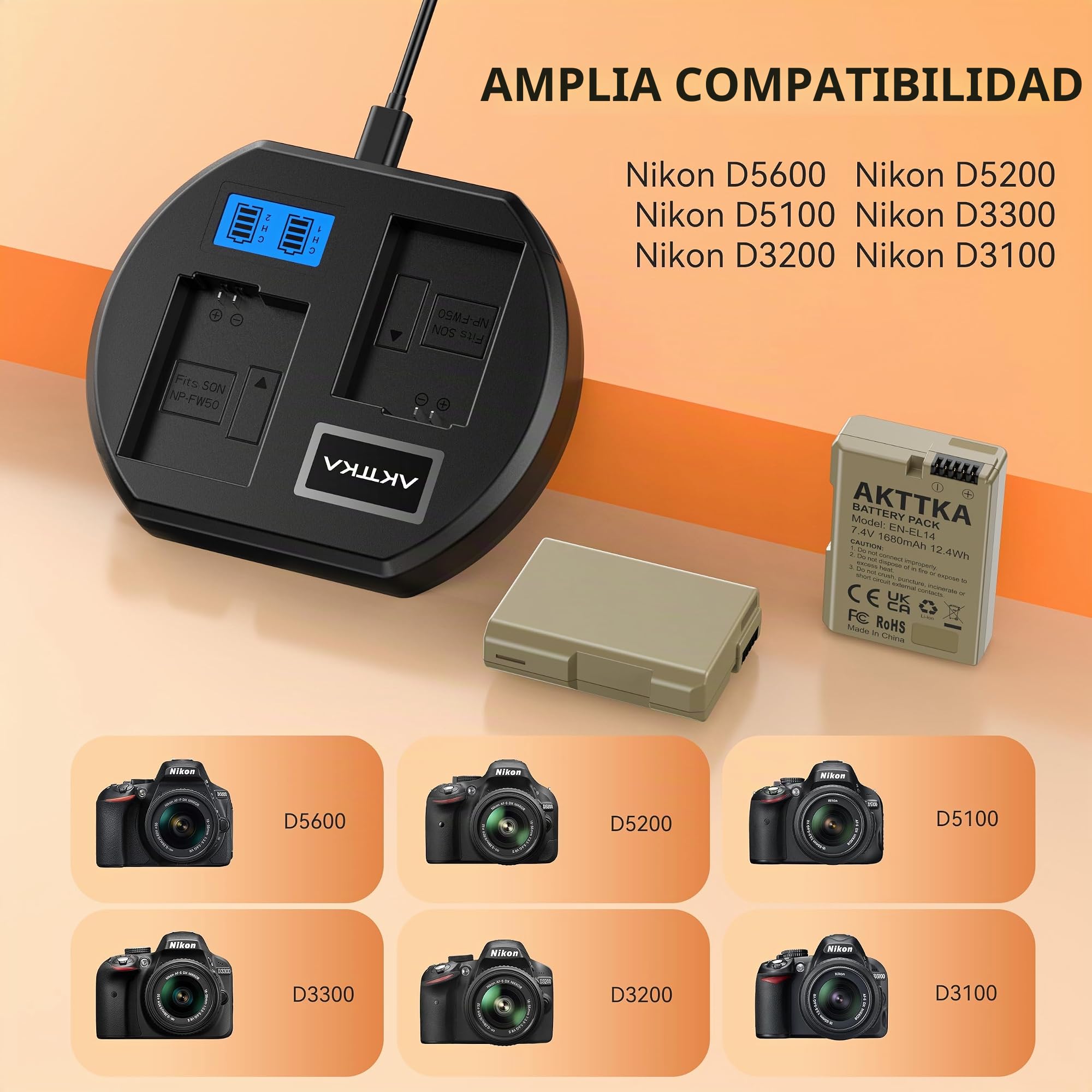 Batería EN-EL14/EL14a (Pack de 2) & Cargador Dual USB – 1680mAh Alta Capacidad para Nikon D3100/D3200/D3300/D3400/D3500, Coolpix P7000/P7100/P7700/P7800 y Más