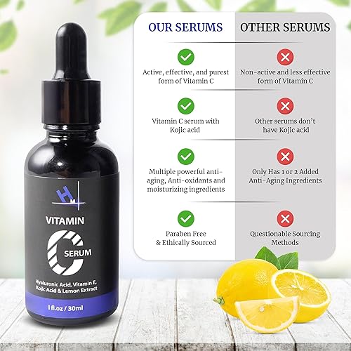 Miniatura 4 de HM - Suero de vitamina C con ácido hialurónico, vitamina E y ácido kójico, antienvejecimiento, acondicionador de la piel, iluminador, hidratante e