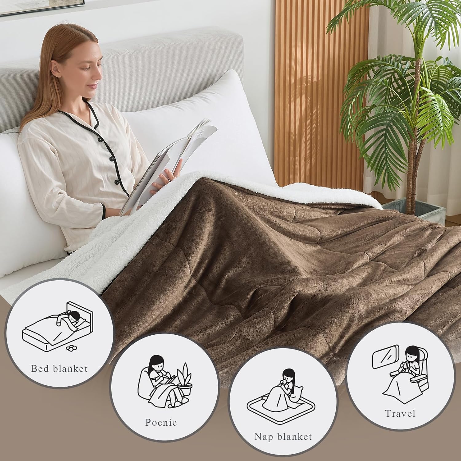 CHOSHOME Sherpa Fleece Blanket- Thick Warm Blanket for Winter, Soft Fuzzy Plush Blanket for Bed, Couch, Travel (Brown, Cal King 96" x 102") - Image 5