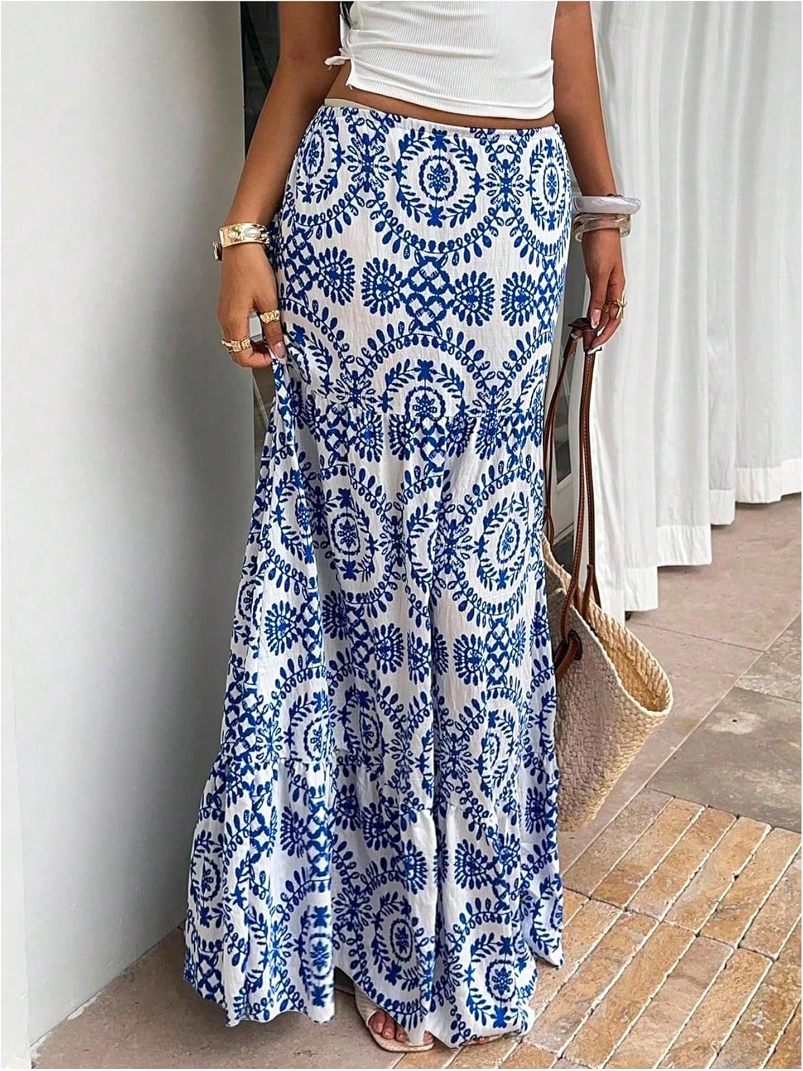 WDIRARA Women's Boho Print Ruffle Maxi Skirt Elastic Waist Flowy Long Skirts - Image 3