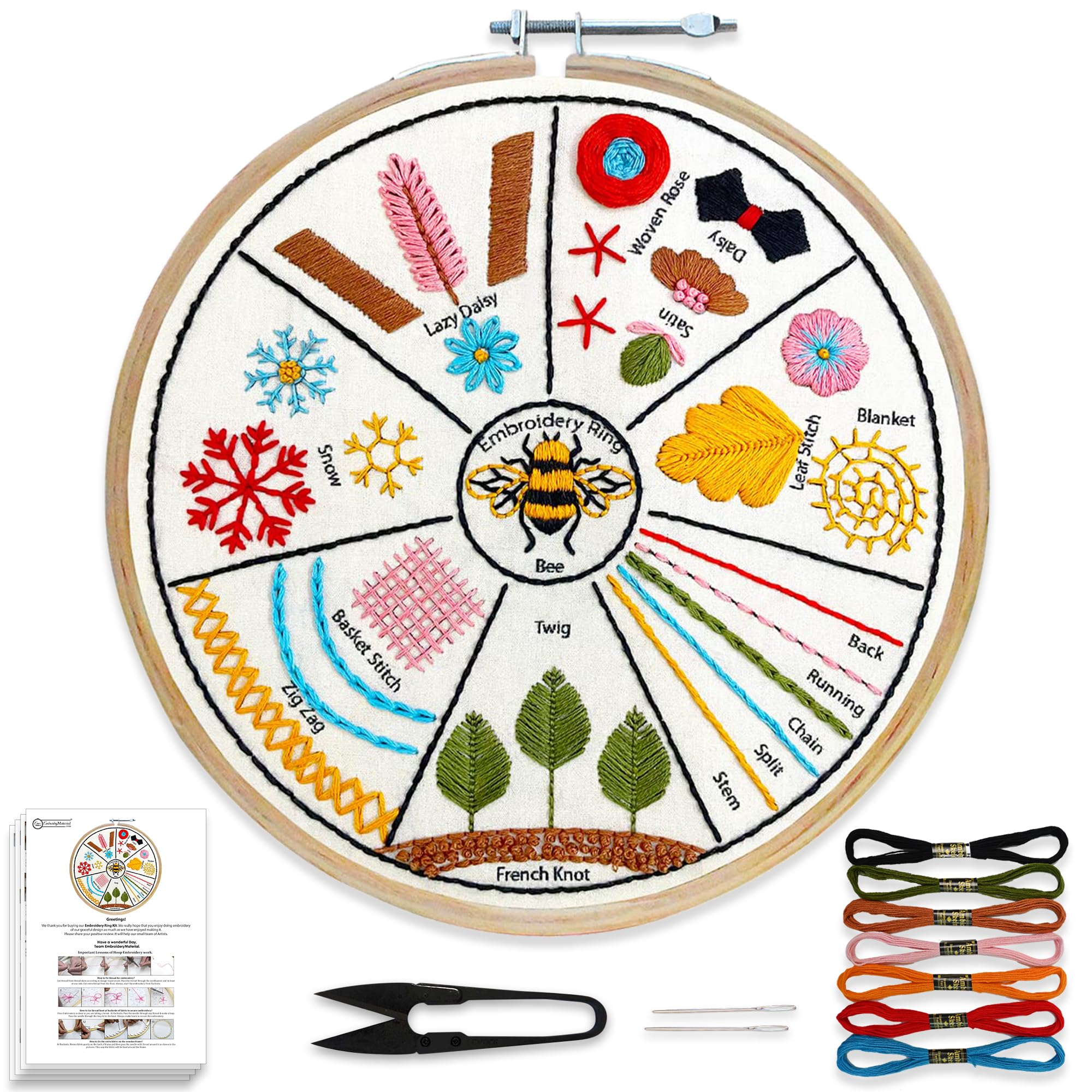 Embroiderymaterial Embroidery Beginners Kit Set with Pattern Digital Printed Cloth Fabric Instructions Papers Threads Hoop & Needle