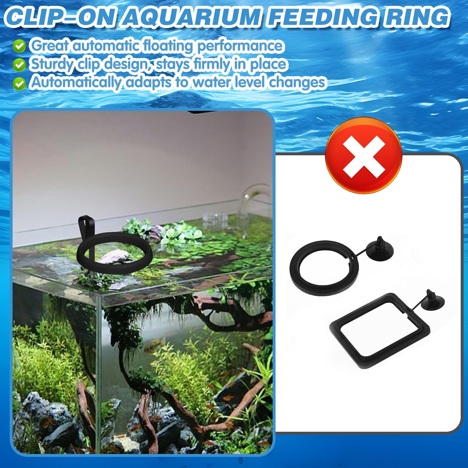 Anello galleggiante per l'alimentazione dei pesci da acquario, con clip di fissaggio, non disperde il cibo, adatto per vetri da 3 a 15 mm, mantiene il cibo galleggiante in posizione, ideale per pesci