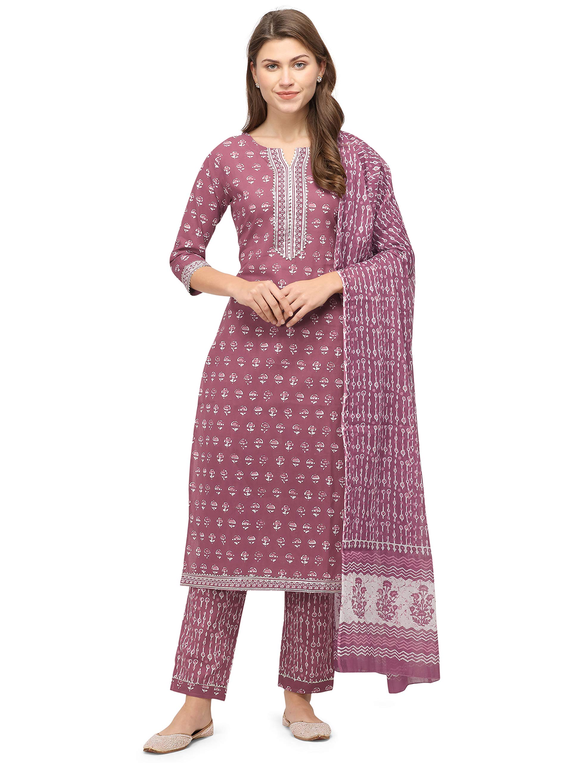 SOURBHWomen's Straight Fit Cotton Kurta Set with Trouser Pant and Dupatta (MK7031-Dusty Pink-5XL)