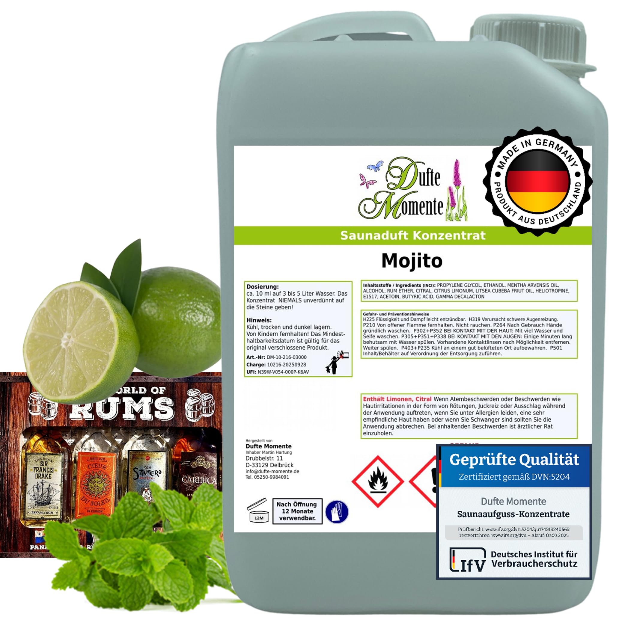 Dufte Momente Saunaaufguss-Konzentrat Mojito – 3 Liter – frisch & spritzig – konzentriert & ergiebig – zertifizierte Profi-Qualität – vegan & Made in Germany