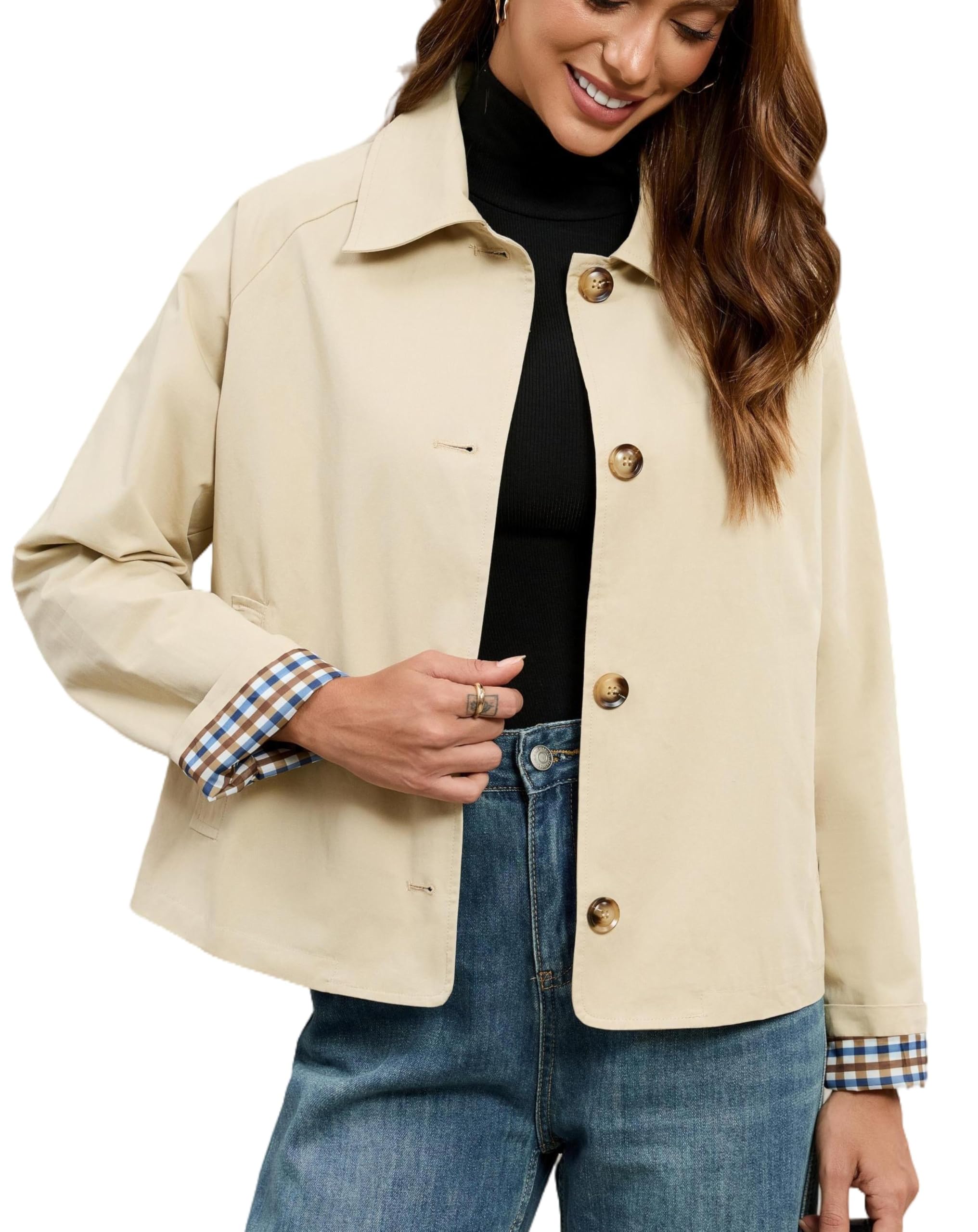 LifeShe Womens Cropped Trench Coat Single Breasted Classic Lapel Overcoat Plaid Lined Oversized Outerwear