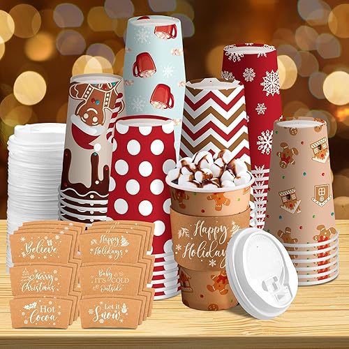 Suttmin 36 juegos108 tazas de papel de Navidad de 16 onzas desechables para café con tapas y mangas, tazas de café de cacao caliente de Navidad para