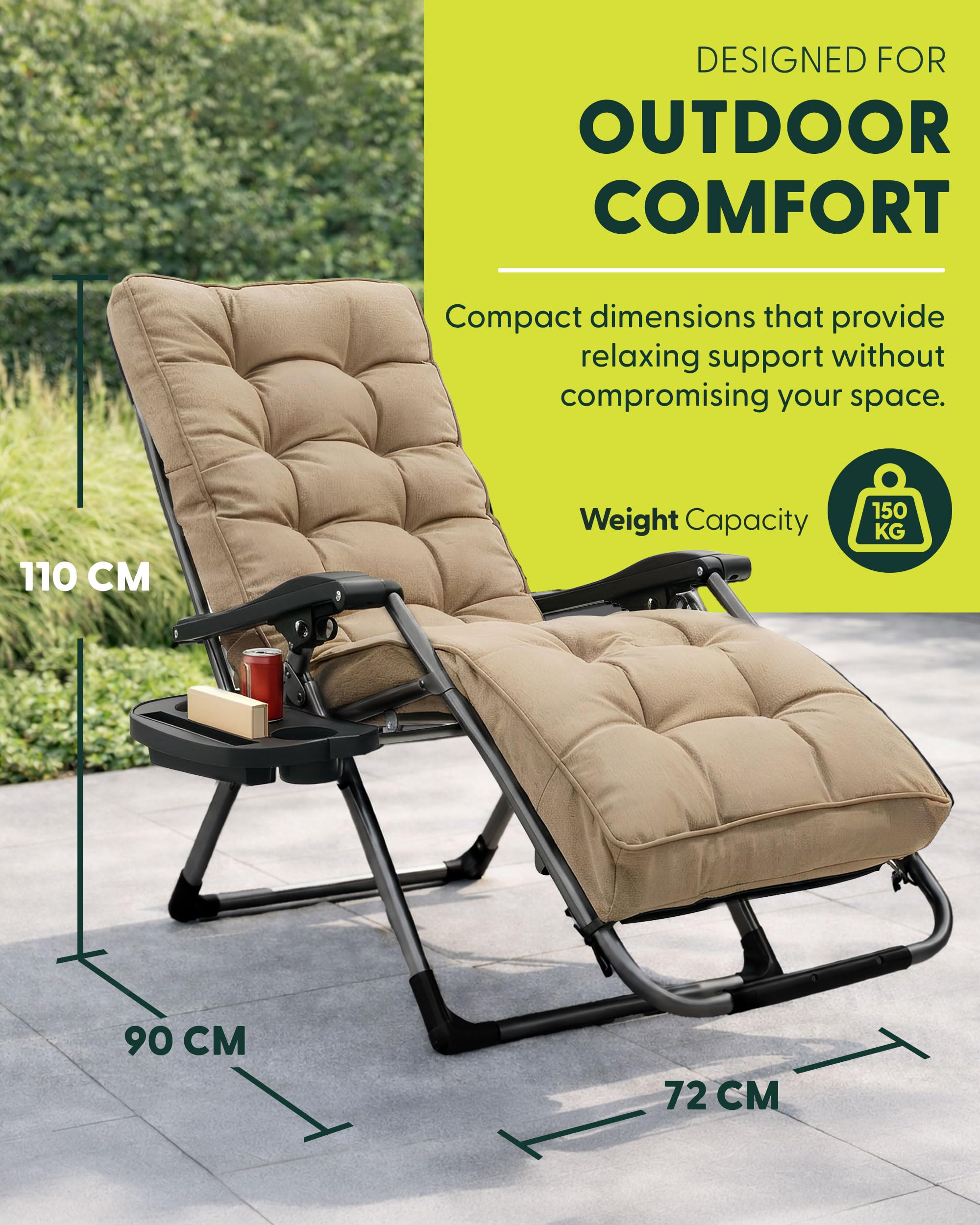 KEPLIN Square Tube Gravity Chair with Cushion 1 Pack – Extra Wide 72cm Zero Gravity Reclining Garden Chair, Reinforced Frame Supports 150kg, Locking System, Cup Holder, Foldable Sun Lounger — view 2