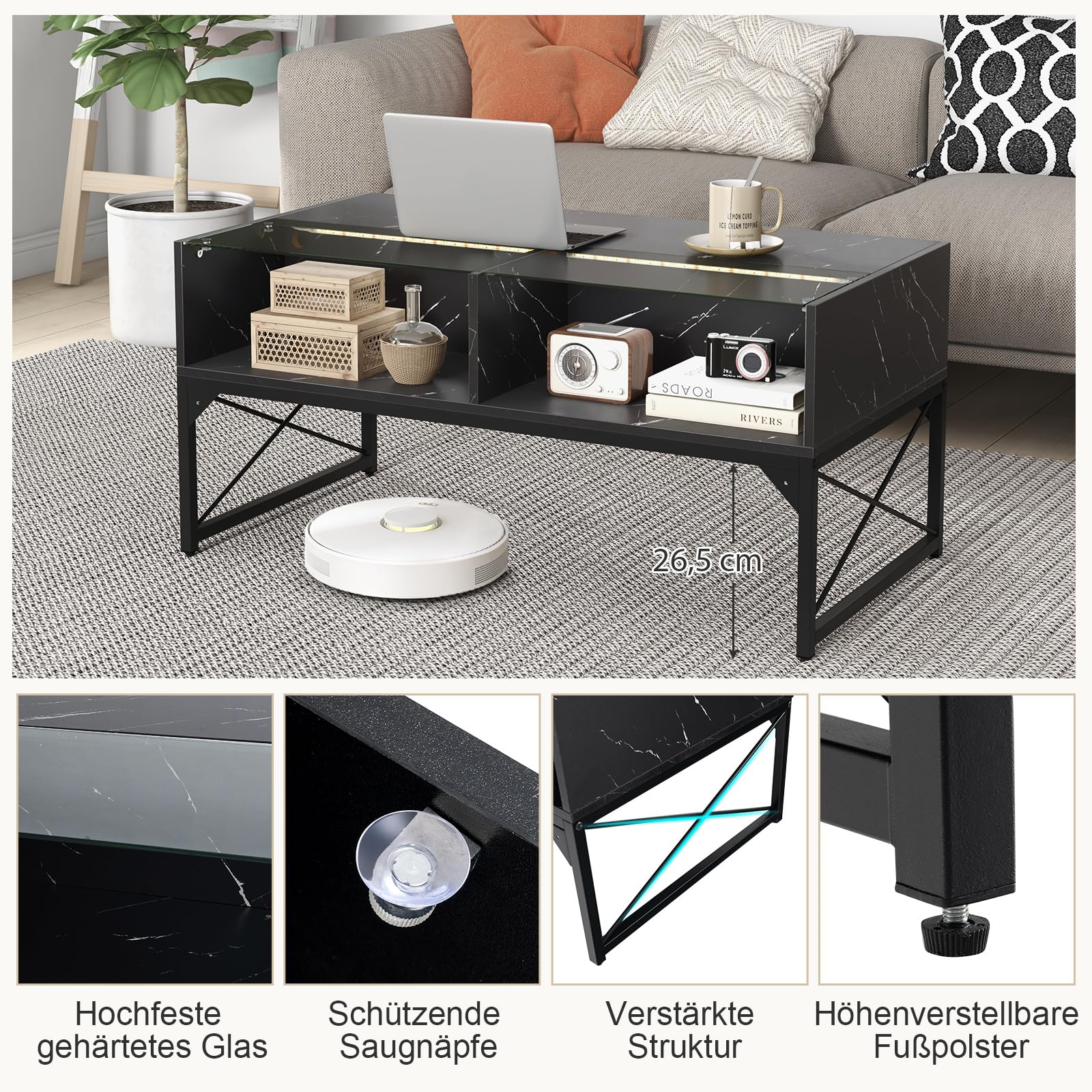 COSTWAY LED Couchtisch, Wohnzimmertisch Marmor Optik, Kaffeetisch mit einstellbaren Lichtfarben & Helligkeit, Fernbedienung und 4 Ablagefächern, Sofatisch für Wohnzimmer, 105 x 55 x 50 cm (Schwarz)