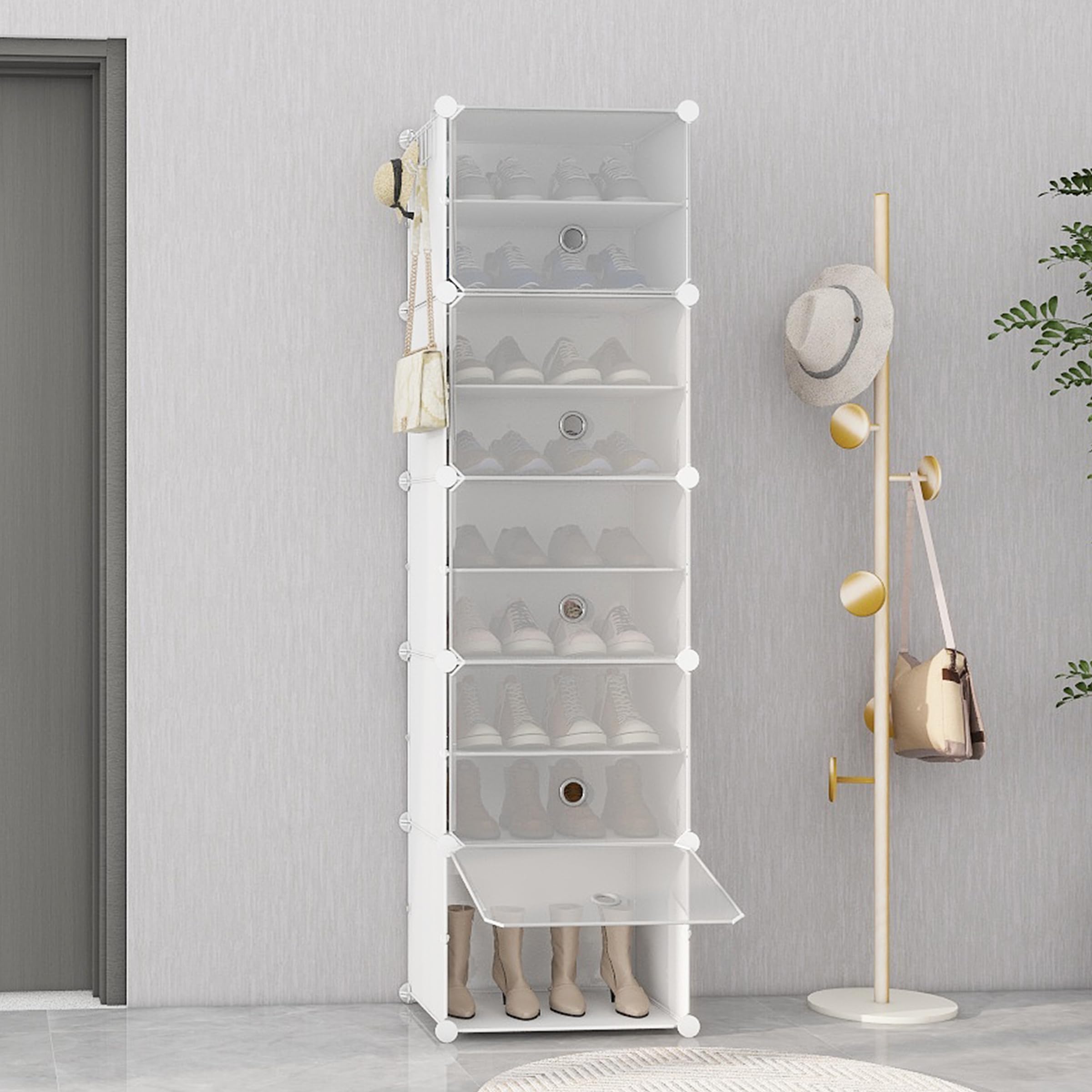 Scarpiera alta a 10 ripiani con ante e ganci, organizer verticale autoportante per 20 paia, salvaspazio per ingresso, armadio, corridoio, garage, guardaroba, bianco