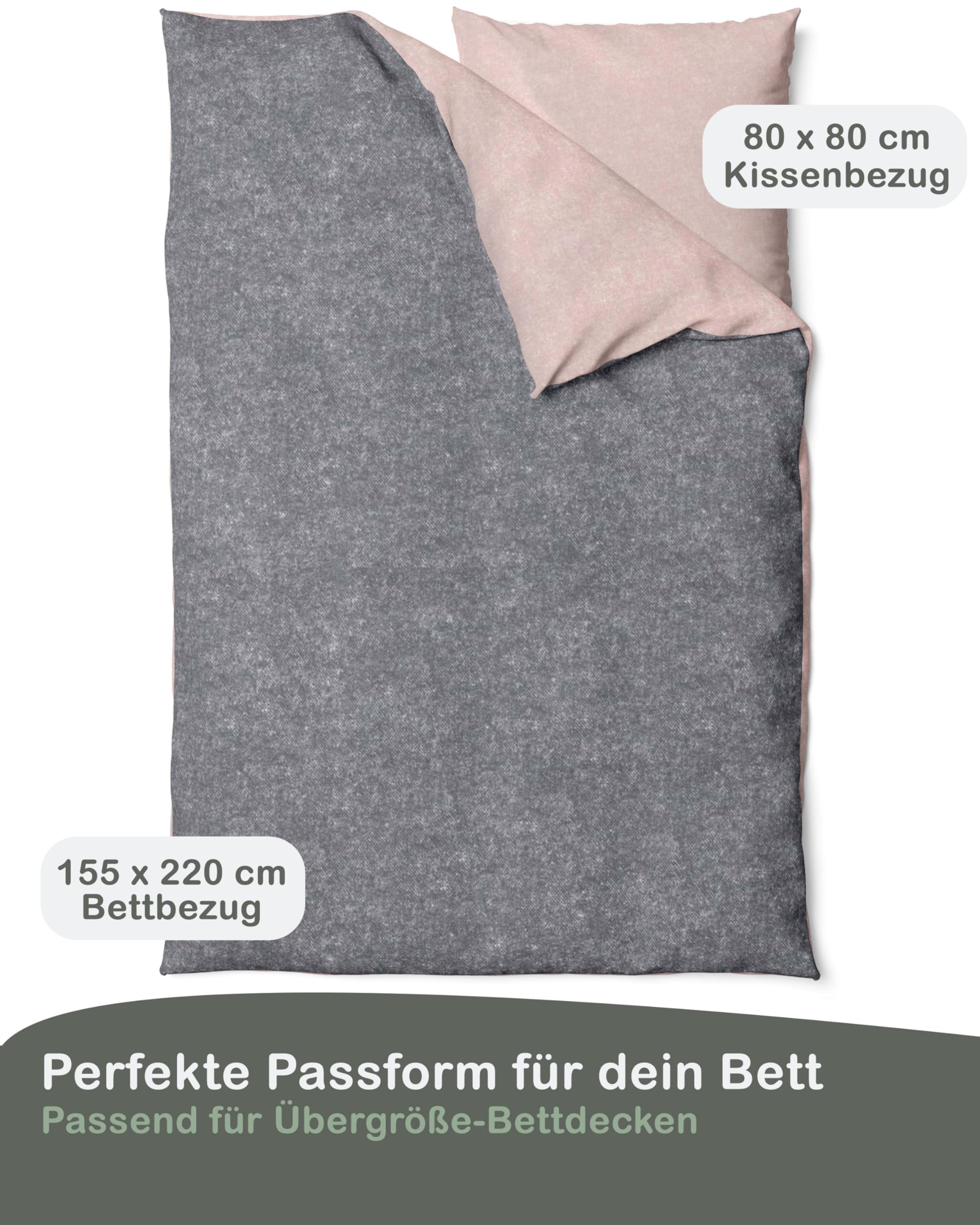 LINKHOFF Biber Bettwäsche 155x220 2tlg - Kuscheliges Bettwäsche-Set Rosa Anthrazit Unifarben - Winterbettwäsche 100% Baumwolle - Kissenbezug + Bettbezug