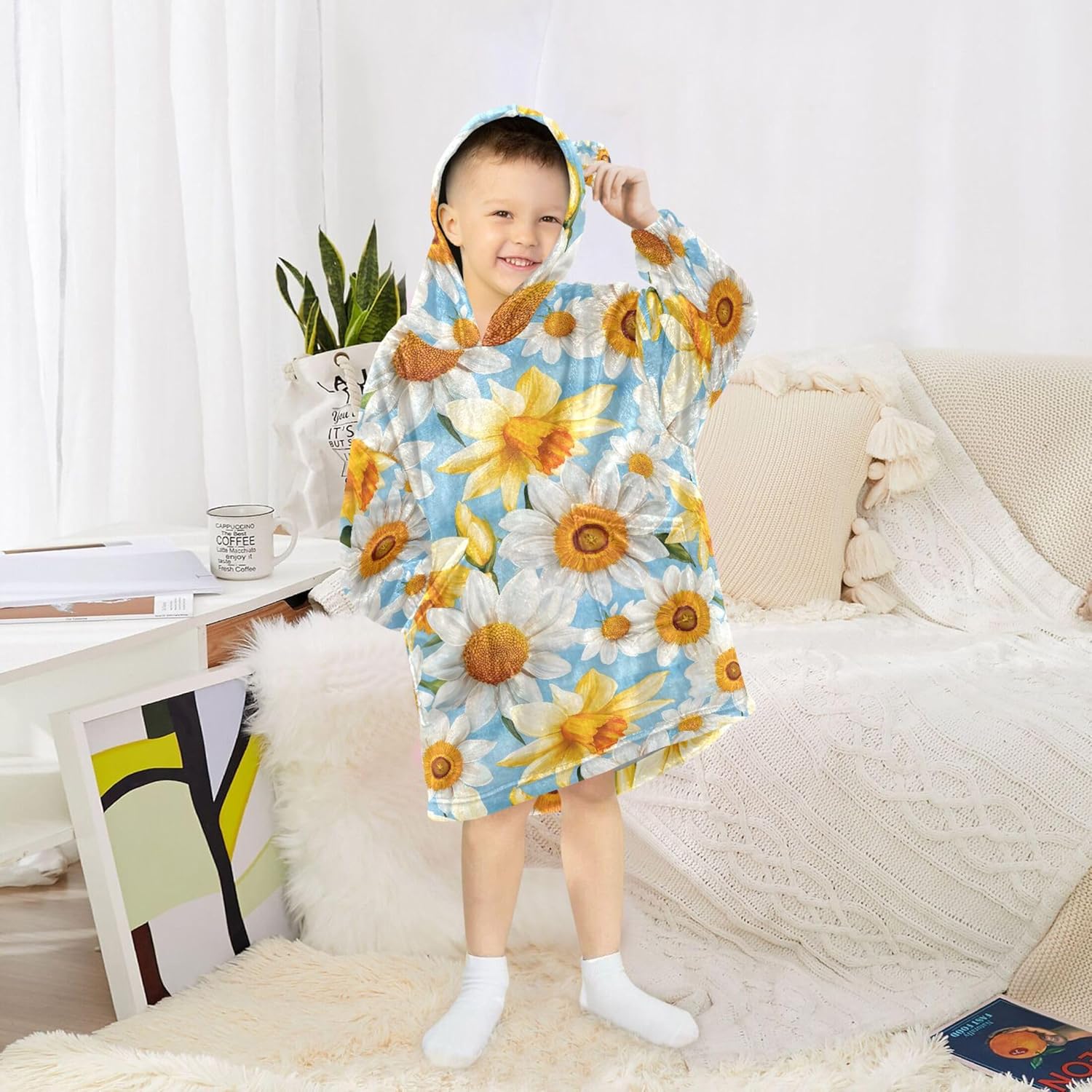 Flowers Yellow Kids Wearable Blanket Hoodie with Pocket and Sleeves for Toddlers, Cute Hoodies Girls Boys B0403708