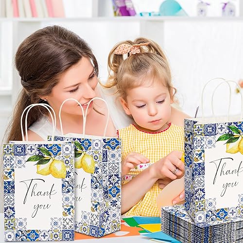 Miniatura 7 de Paquete de bolsas de regalo de agradecimiento de limón, bolsa de papel azul con asa, bolsas de dulces para celebración, boda, cumpleaños, baby