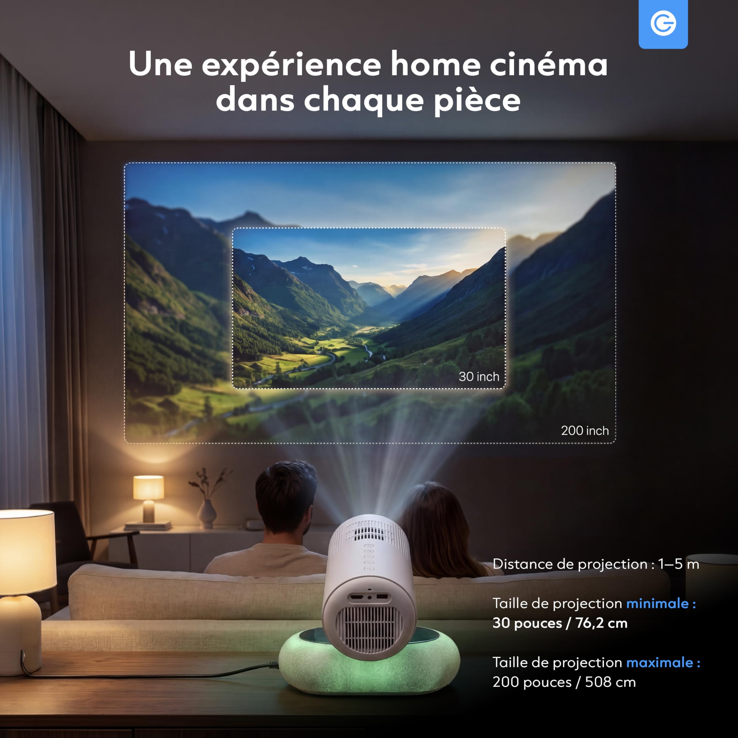 Silvergear® Vidéoprojecteur Full HD 1080p | Mini Projecteur Smart avec Autofocus & Correction Trapèze | Projecteur Video WiFi Bluetooth | Image Home Cinema 508cm | LED Ambient Light | HDMI USB | Blanc