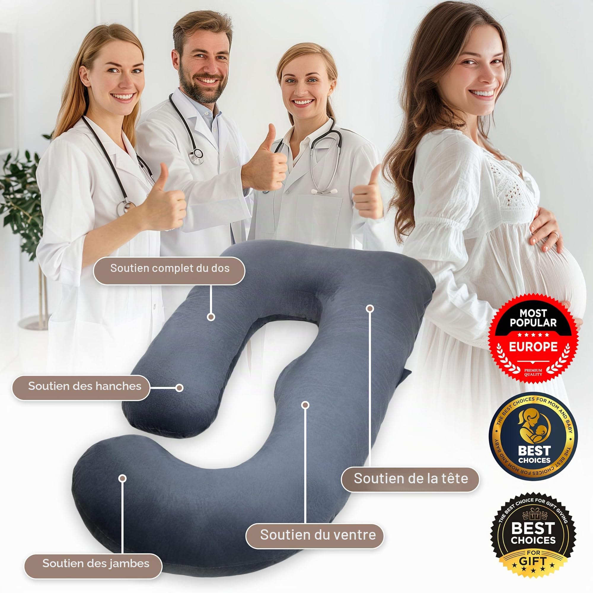 Coussin de Grossesse Ergonomique en U Housse Amovible | Coussin grossesse pour Dormir,coussin allaitement Soutien Corporel Intégral pour Adulte-L'Essentiel de la Maternité
