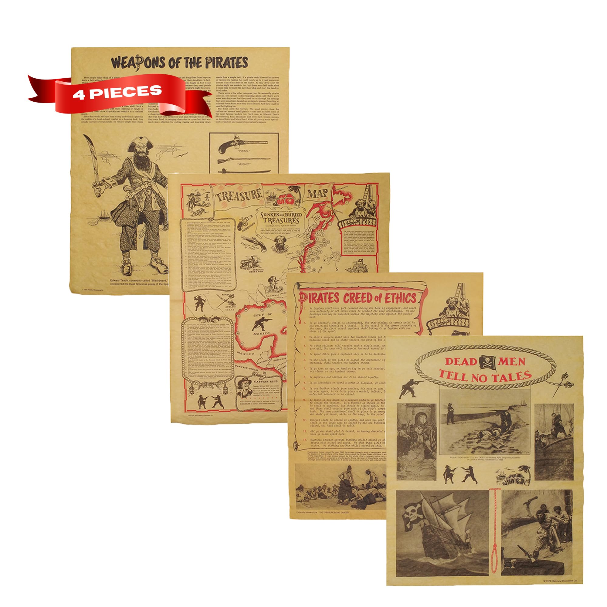 Treasure Gurus 4 Pirate Weapons Pistol Sword Gun Cannon Parchment Paper Posters Treasure Map Chest Wall Art Home Decor
