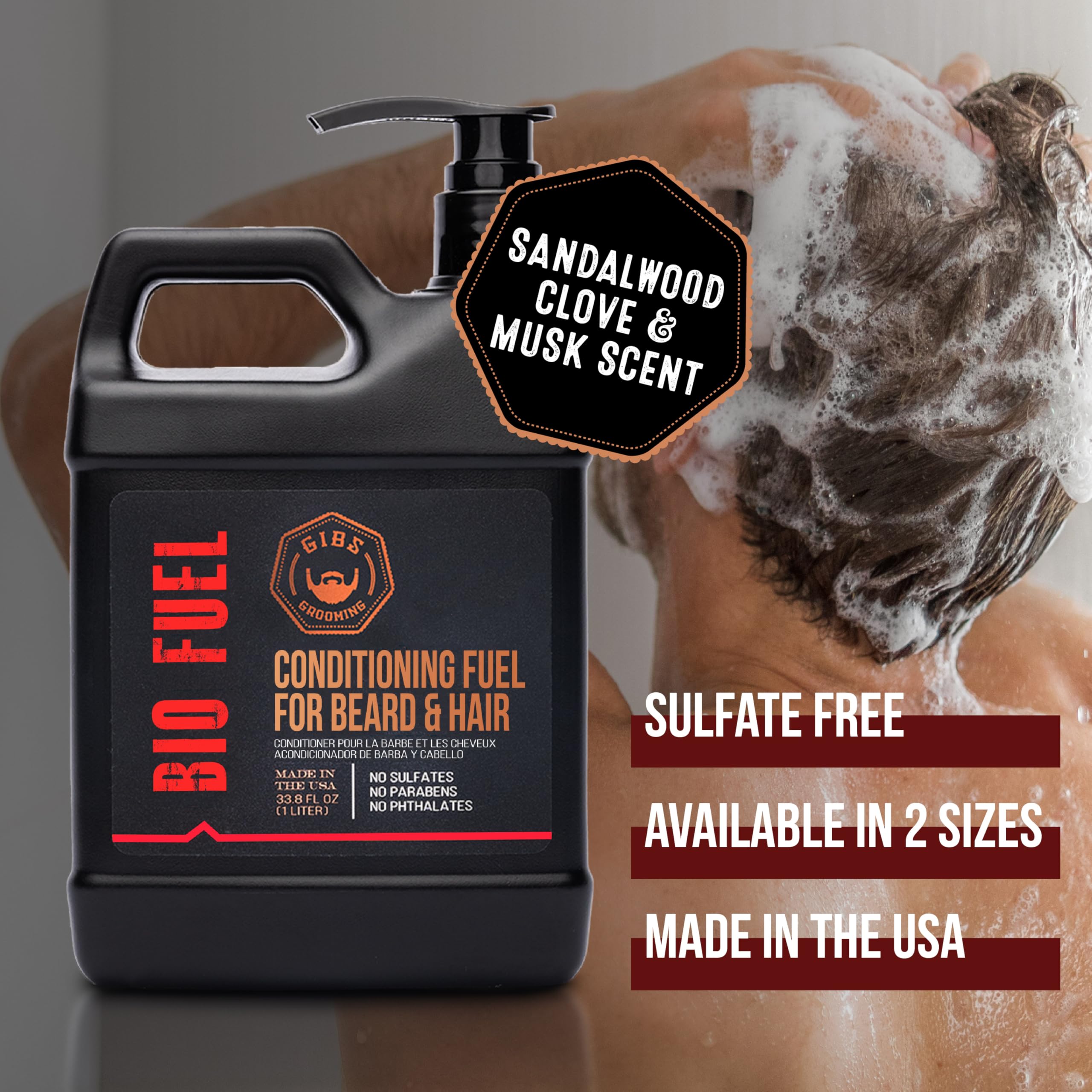 GIBS Grooming Bio Fuel - Conditioning Fuel for Beard & Hair Growth (33.8 oz) Mango Butter, Saw Palmetto, Dragon's Blood - Caffeine & Biotin - Hair Conditioner & Beard Conditioner for Men - Made in USA