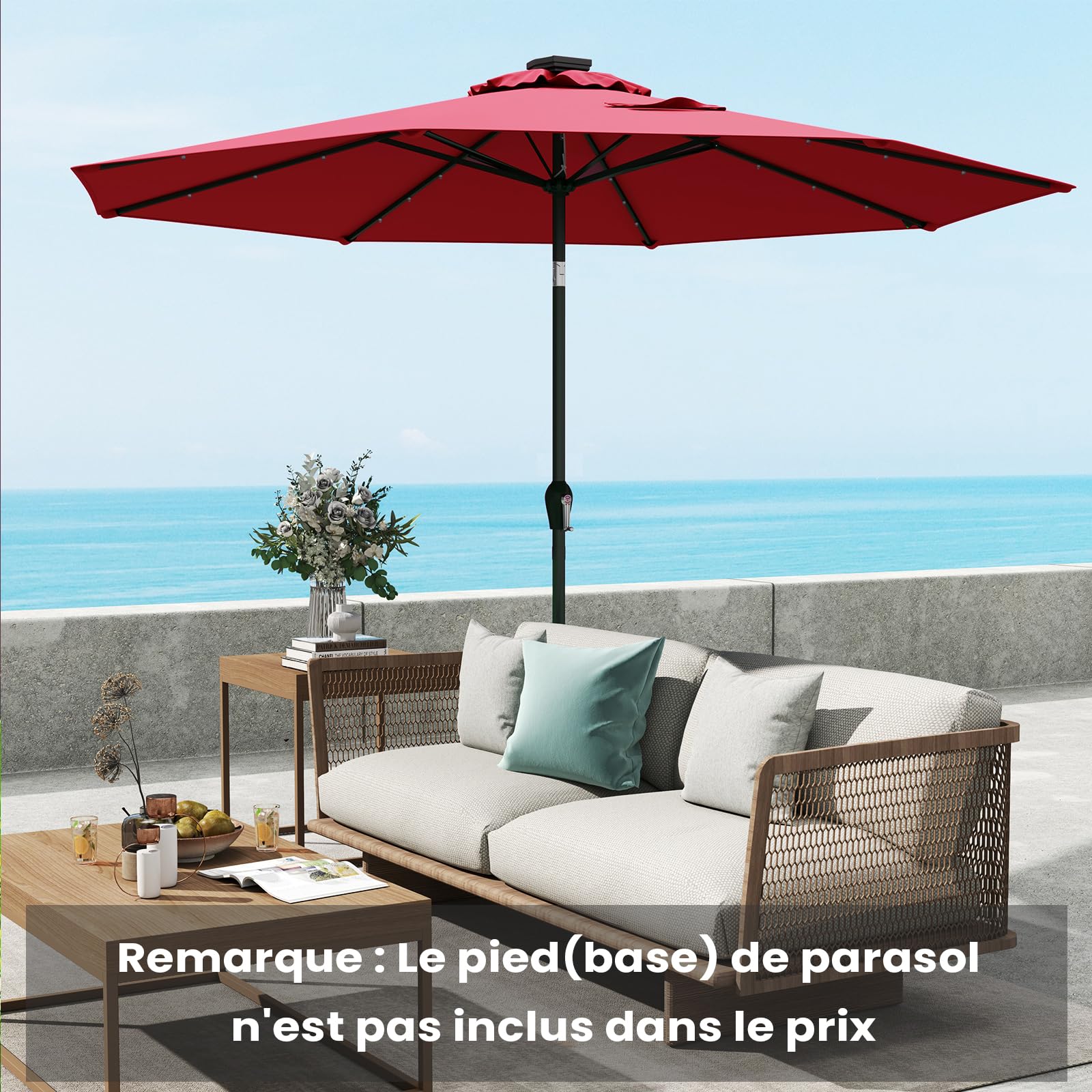 RELAX4LIFE Parasol Inclinable LED Dia.3M avec Éclairage Solaire, 8 Baleines, Inclinaison Réglables Parasol de Jardin Extérieur pour Balcon Terrasse Patio Café Bistro (Φ300x250cm,Rouge)