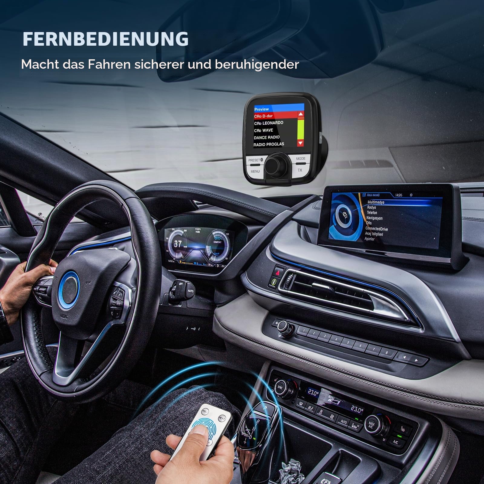 Tin-Nik DAB-388 DAB Adapter für Autoradio, FM-Transmitter für DAB+ Sender und Bluetooth-Verbindung vom Smartphone zum UKW-Radio, Bluetooth- Freisprechen und Musik, 2.4" TFT Farbdisplay, Fernbedienung