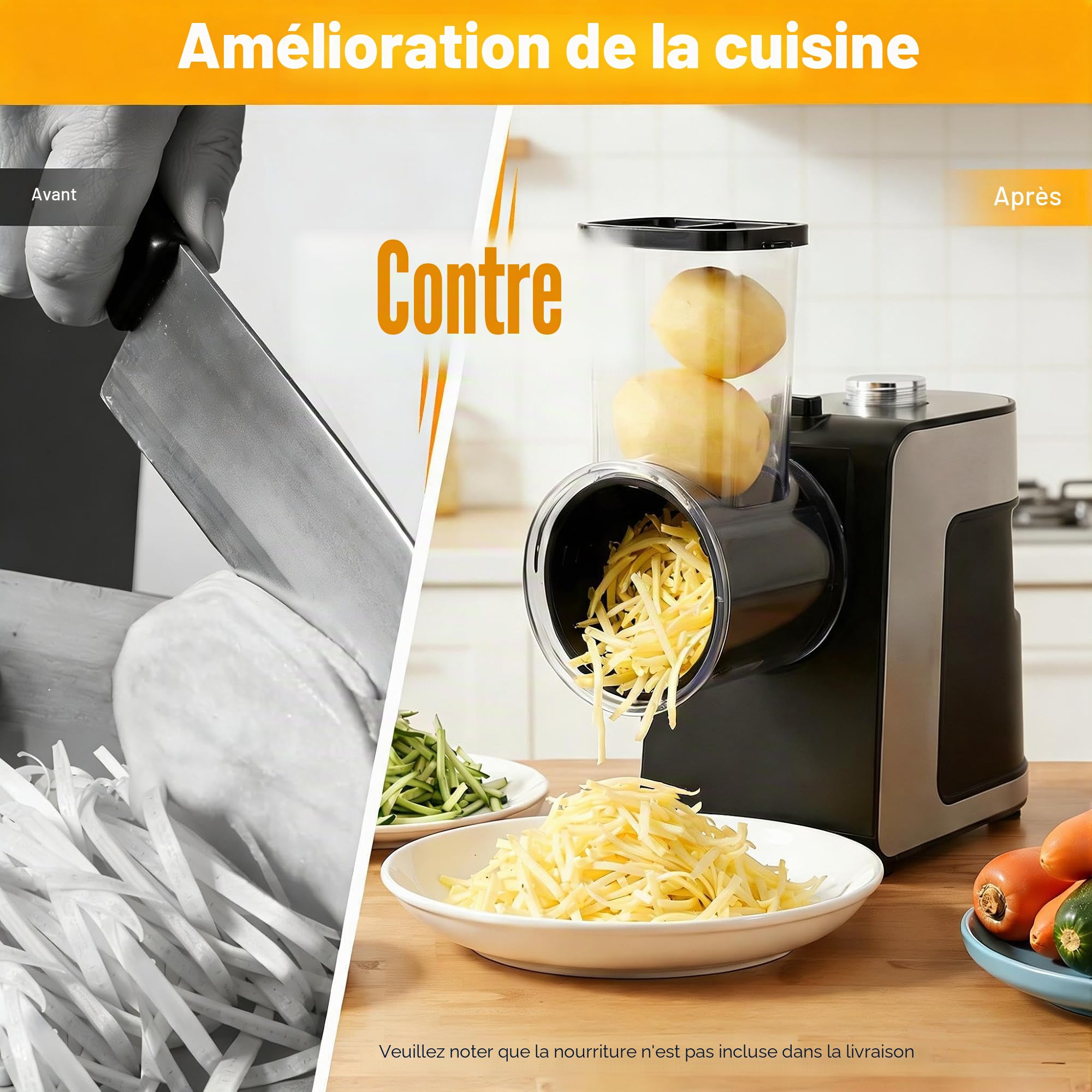 Coupe-légumes électrique 1000 W avec moteur en cuivre, lames en acier inoxydable (10 lames de rechange), matériau ABS, noir, 15 x 12 x 20 cm, autonome