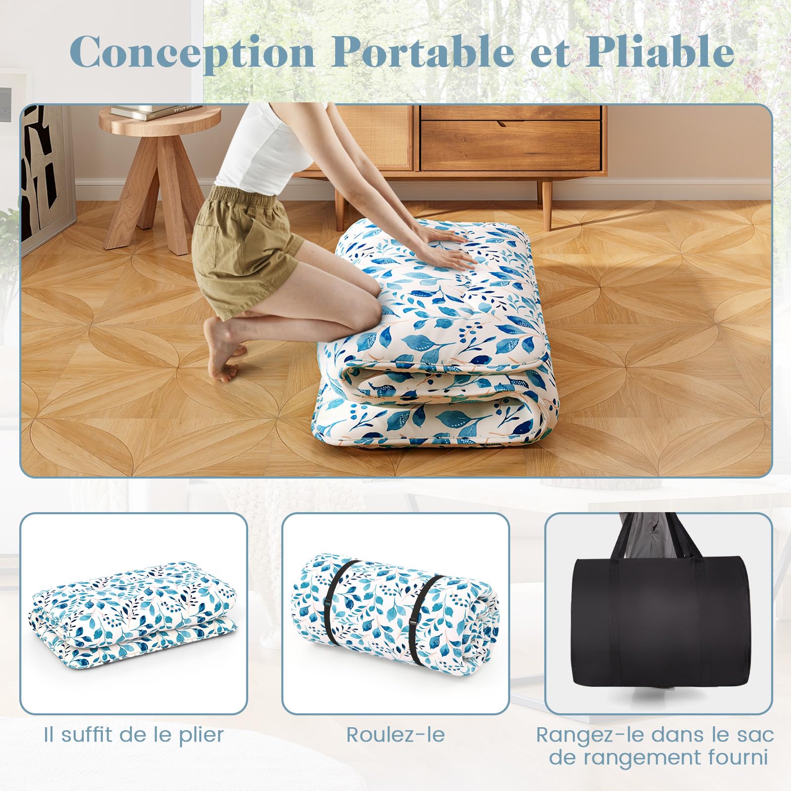 COSTWAY Matelas Futon Portable Pliable, Matelas Futon Japonais 90 x 200 cm, Housse Lavable, Matelas de Sol avec Sac de Transport, pour Le Camping, Les Voyages, d'Invités, Feuilles Bleu