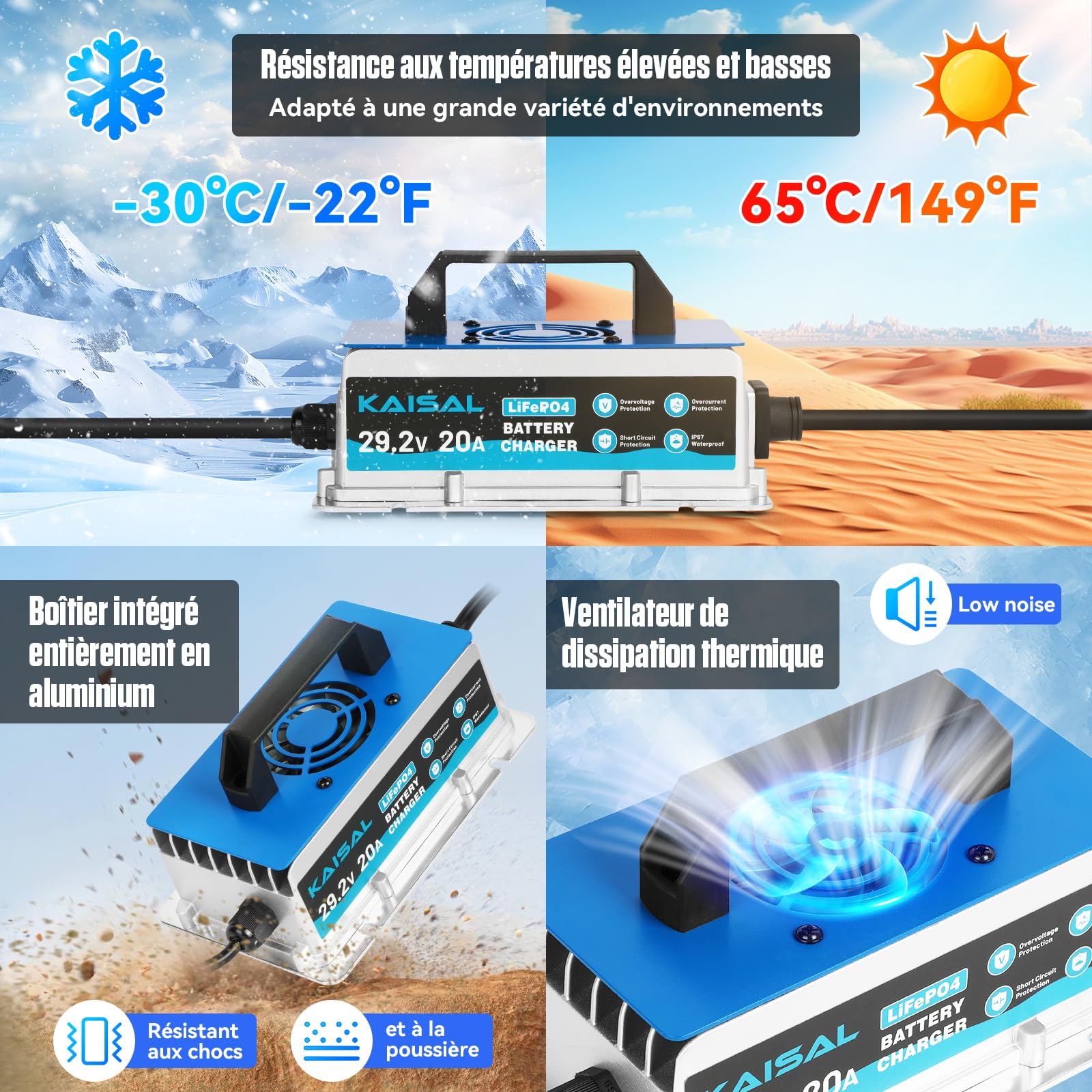 KAISAL 29.2V 20A Chargeur de Batterie LiFePO4, 24V 20A Chargeur de Batterie au Lithium, étanche IP67, Multiples Protections de Sécurité, pour Voiturette de Golf, RV, Bateau, Solaire