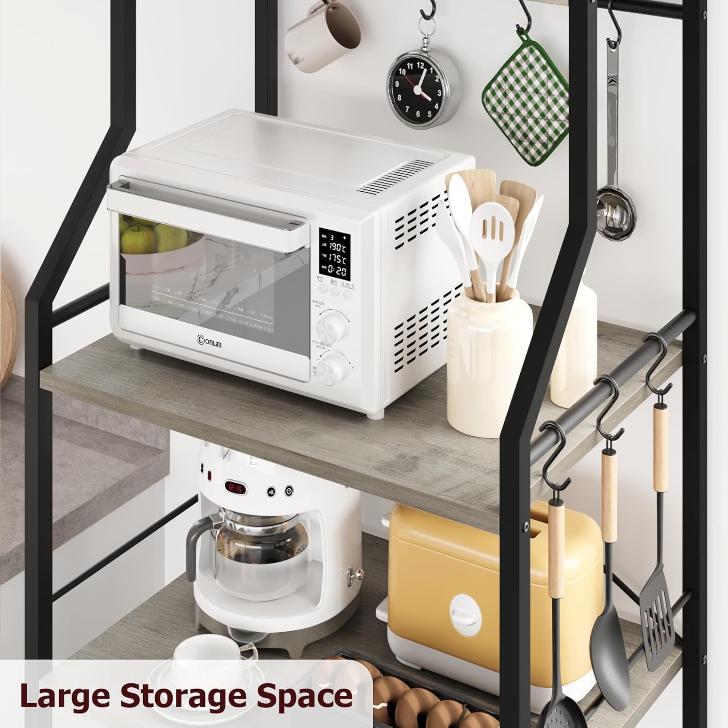 5-Tier Kitchen Bakers Rack, Microwave Stand and Coffee Bar Station with 2 Wood Countertops, 2 Metal Wire Baskets and 8 Hooks, Kitchen Storage Shelf Organizer for Kitchen, Dining, Living Rooms