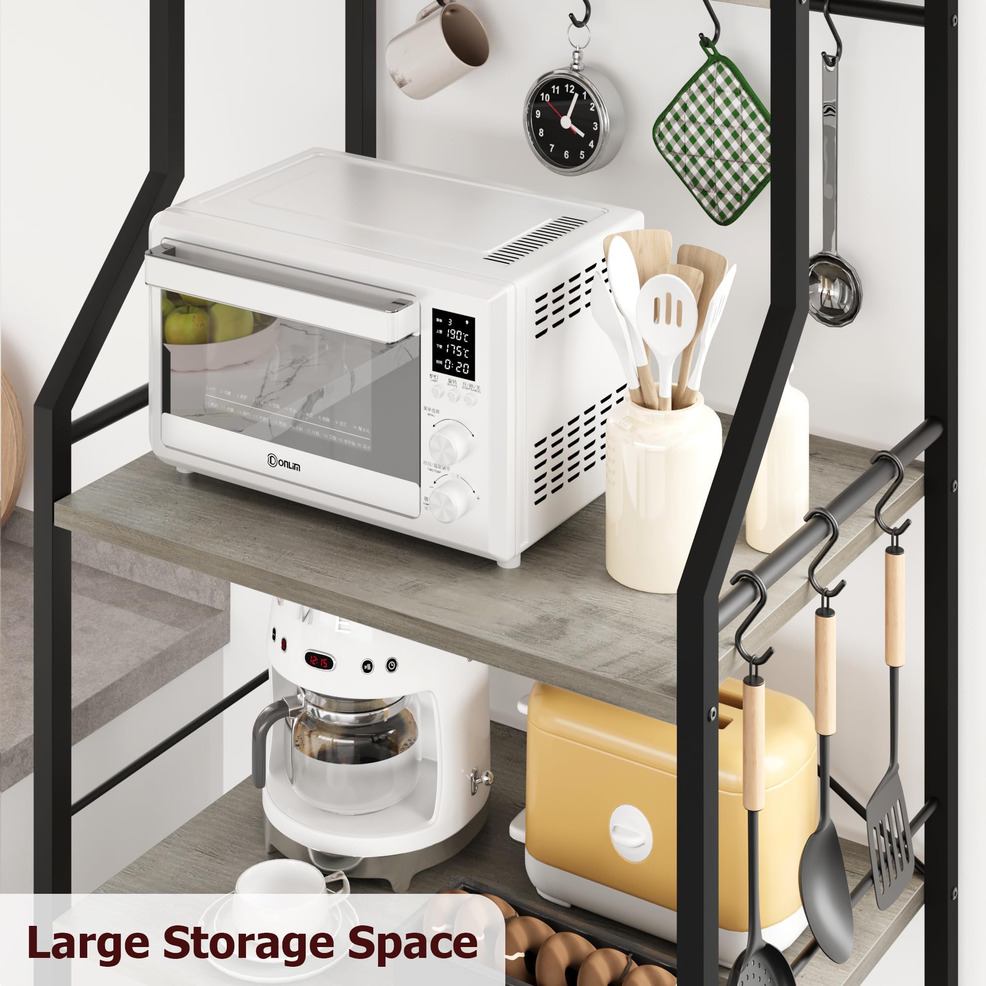Garvee Estante de cocina de 5 niveles con soporte para microondas, incluye 2 cestas de alambre grandes, 8 ganchos y estantes de almacenamiento industriales para barra de café, perfecto para cocina o