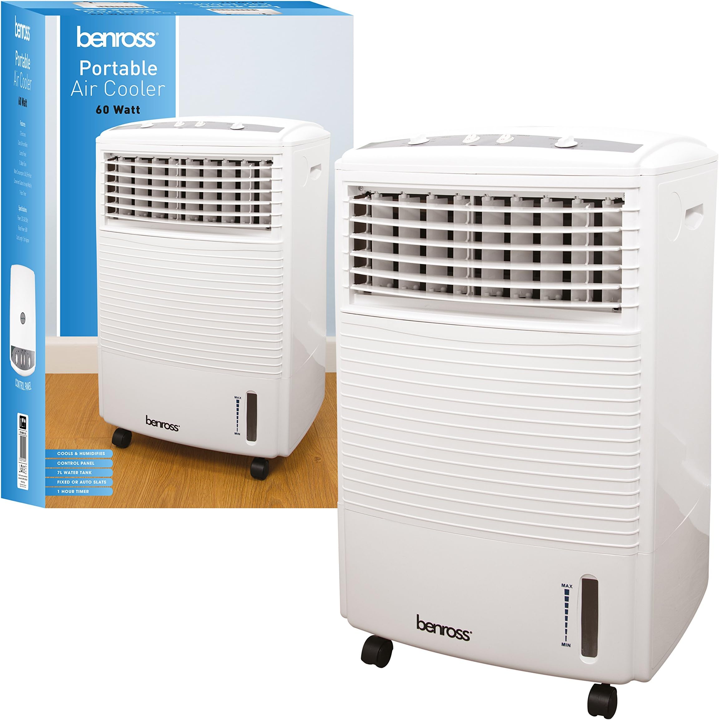 Benross 42240 Portable Air Cooler Fan/Portable 4 Wheel Mobile Unit/Includes Humidifier Function/Easy Operated Control Panel / 7 Litre Water Tank/Quiet Operation