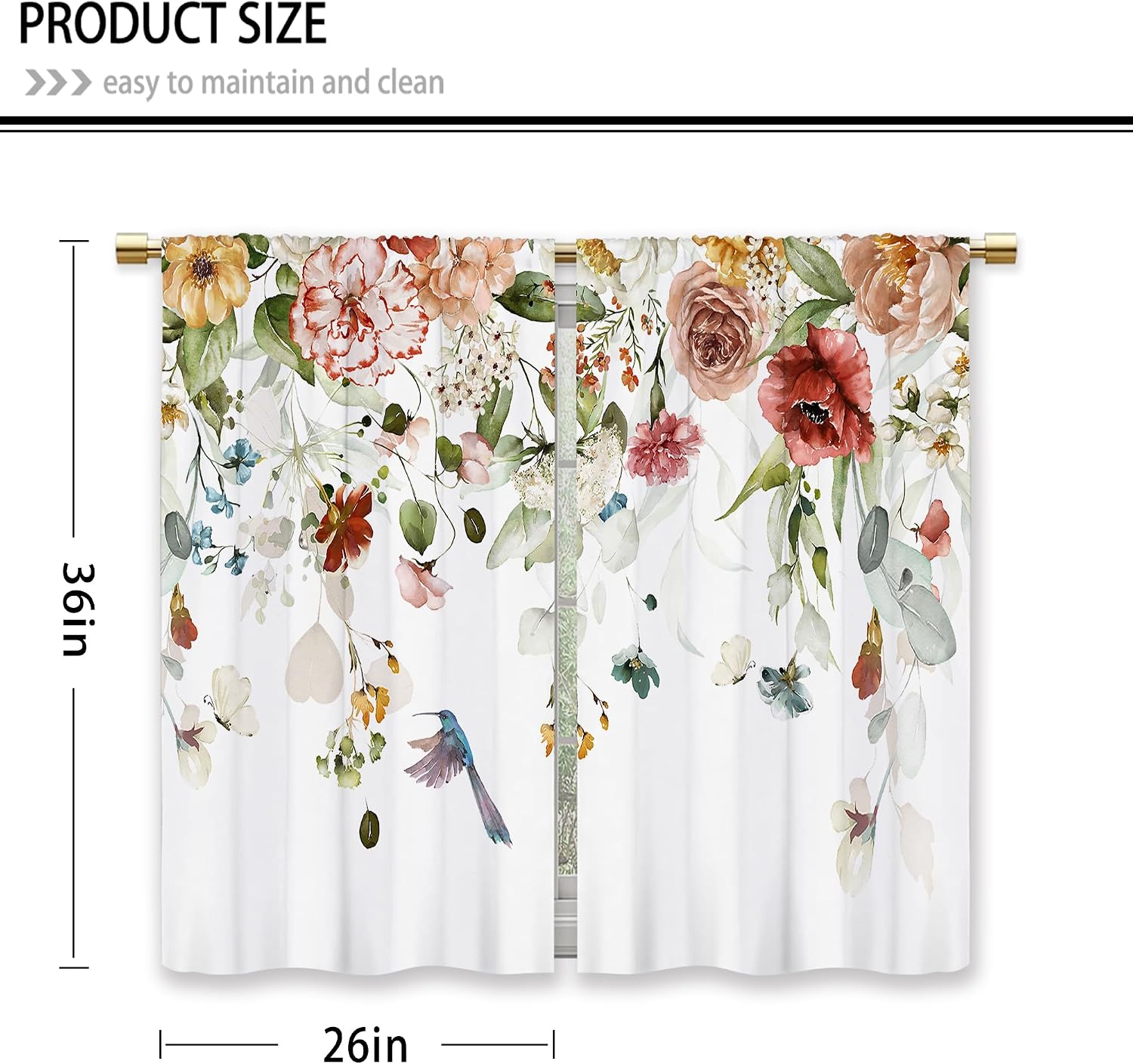 Watercolor Red Floral Kitchen Curtains Flower Plant Small Short Cafe Window Curtains Rustic Colorful Wildflower Hummingbird Blossom Spring Rod Pocket Tier Window Treatment Drapes (26x36 Inch)