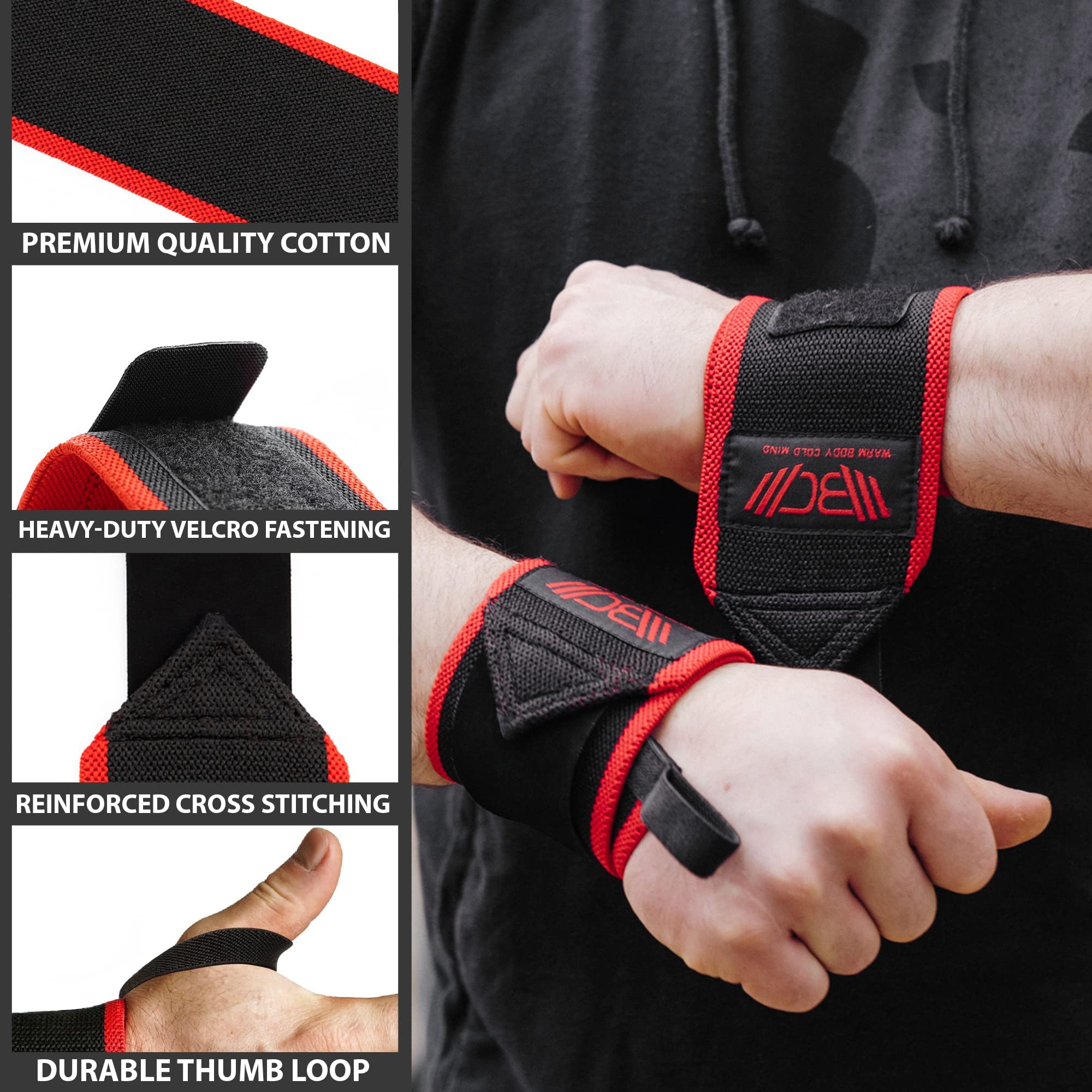WARM BODY COLD MIND Velcro Muñequeras de Primera Calidad para Levantamiento de Pesas - Velcro Wrist Wraps Crossfit, Bodybuilding, Peso Muerto, Gimnasio, Entrenamiento, Fitness, Weightlifitng